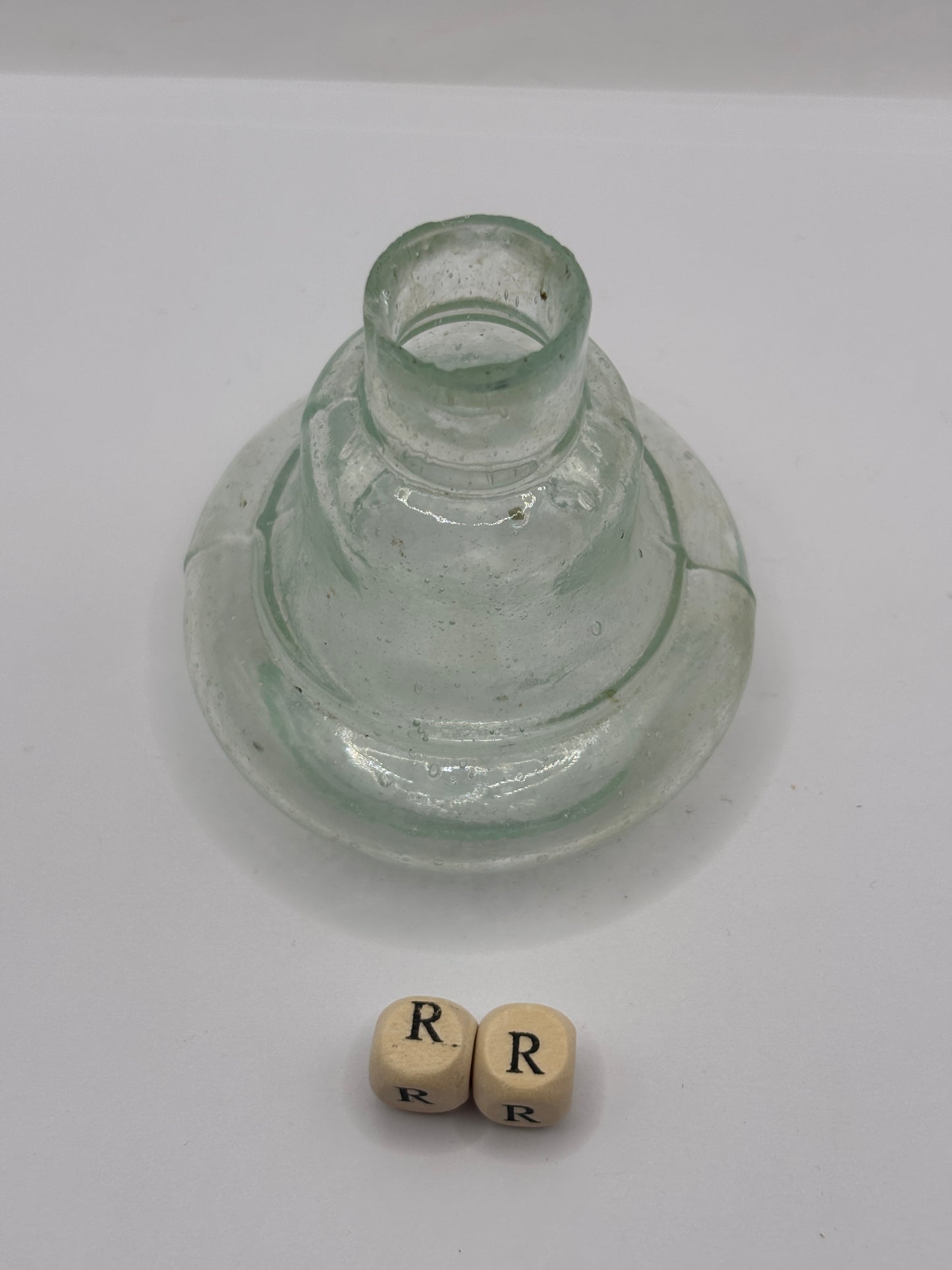 Old aqua glass inkwell, Bell ink (RR)