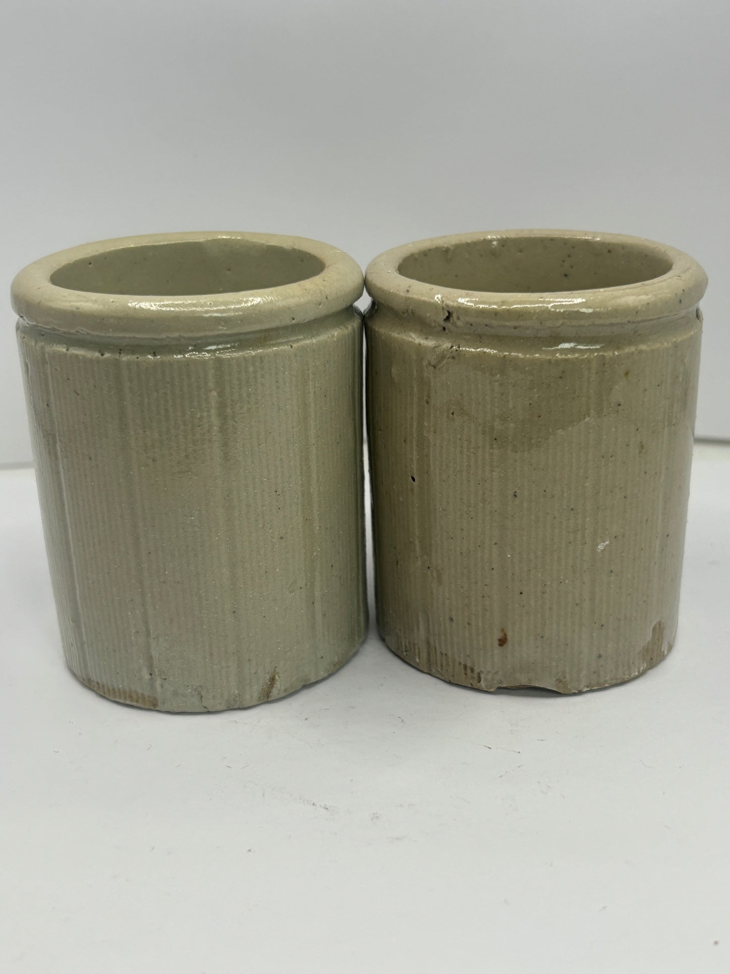 2 small old ribbed stoneware jam pots