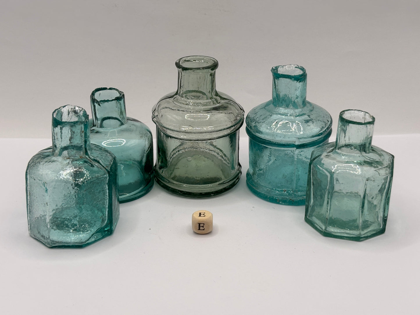5 old glass inks, inkwells, ink bottles (E)