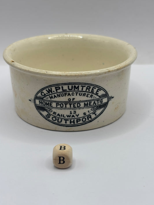 Old advertising meat paste pot, Plumtree home potted meats (B)