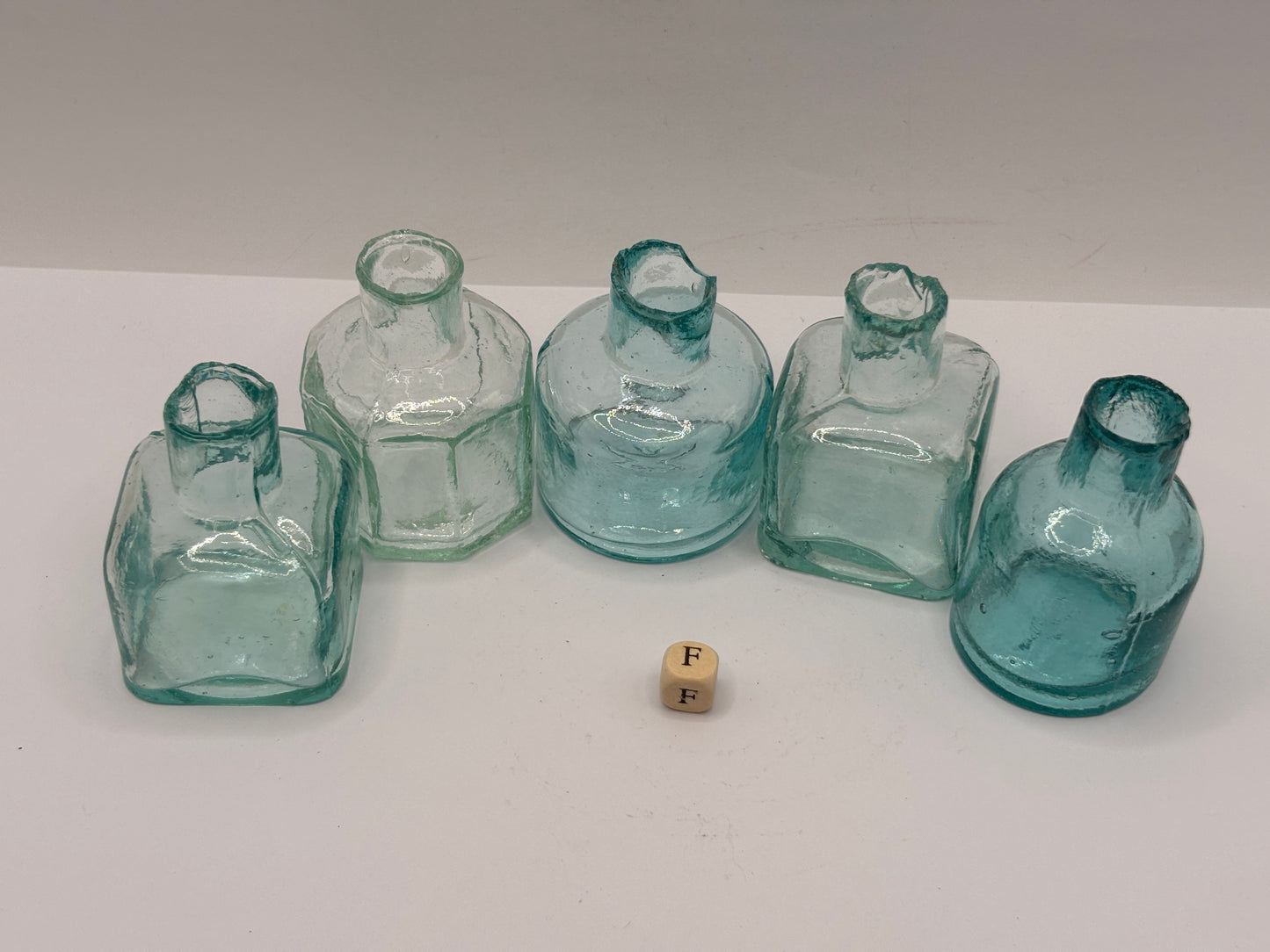 5 old aqua glass inks, inkwells, ink bottles, penny ink (F)