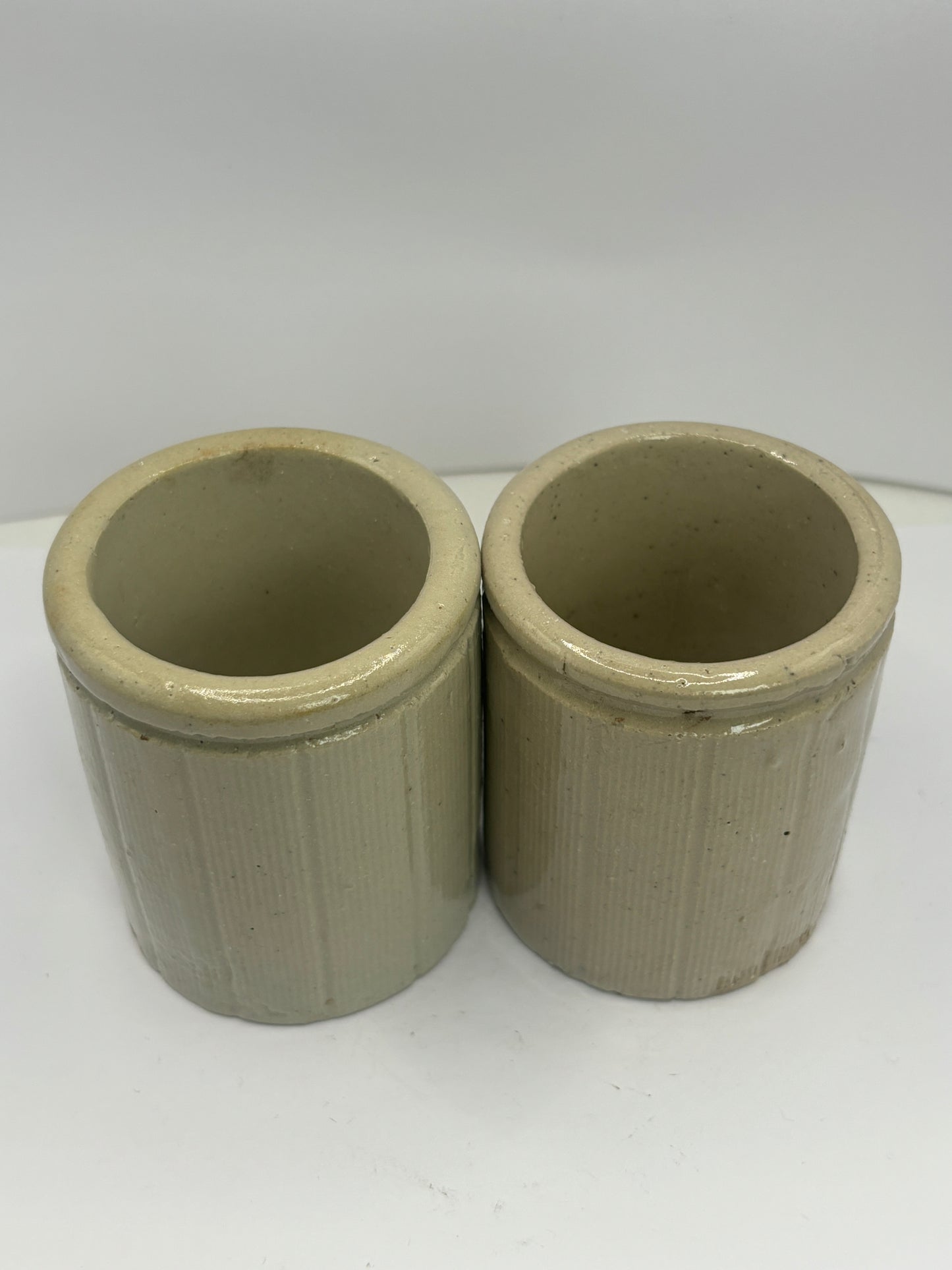 2 small old ribbed stoneware jam pots