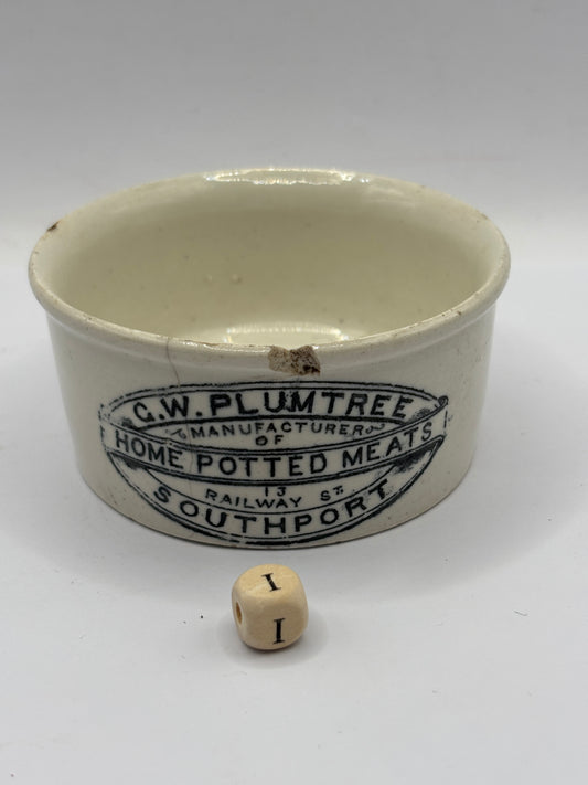Old advertising meat paste pot, Plumtree home potted meats (i) chipped/hairline