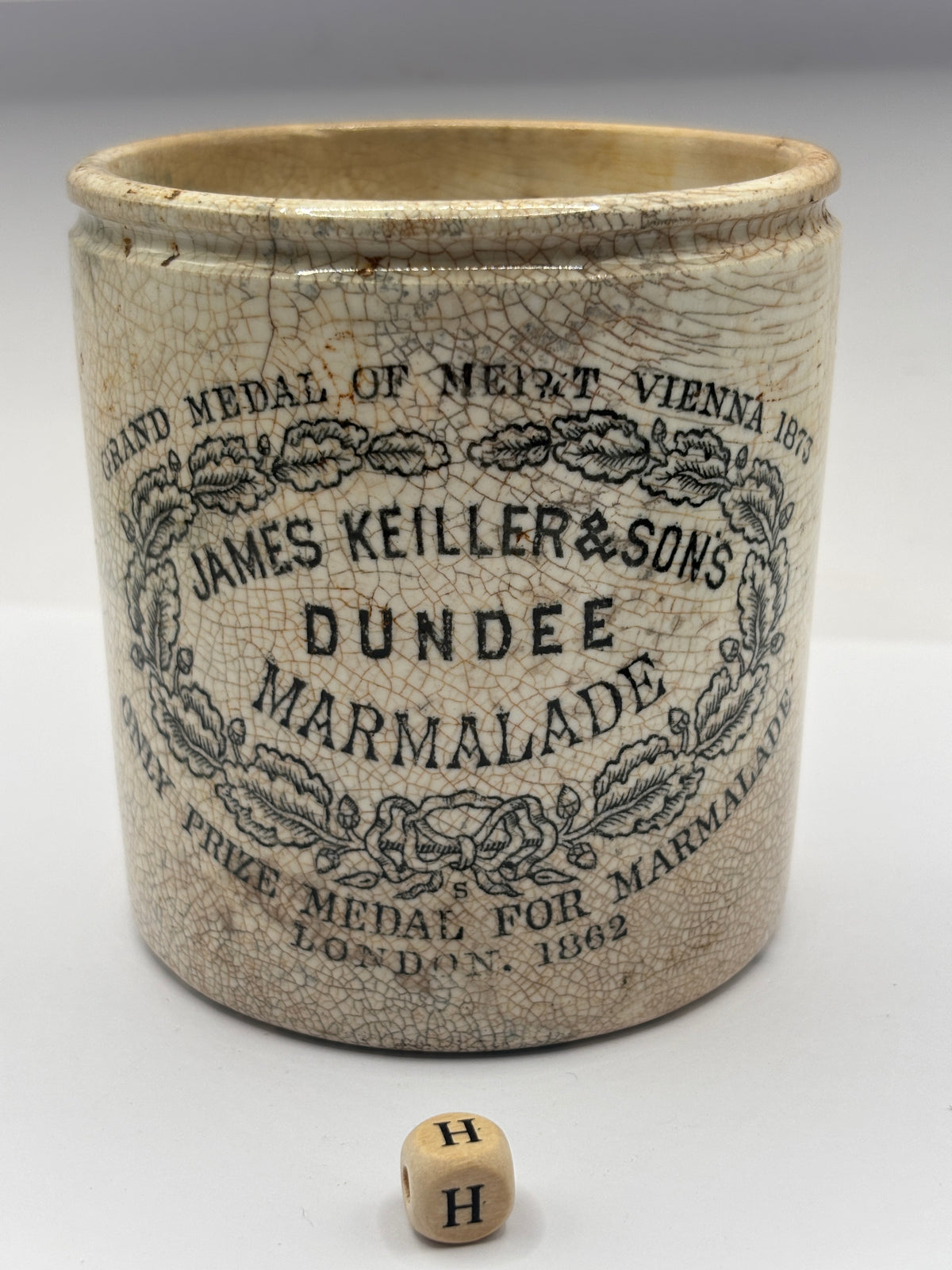 Old 1lb stoneware marmalade pot, James Keiller Dundee marmalade (H)