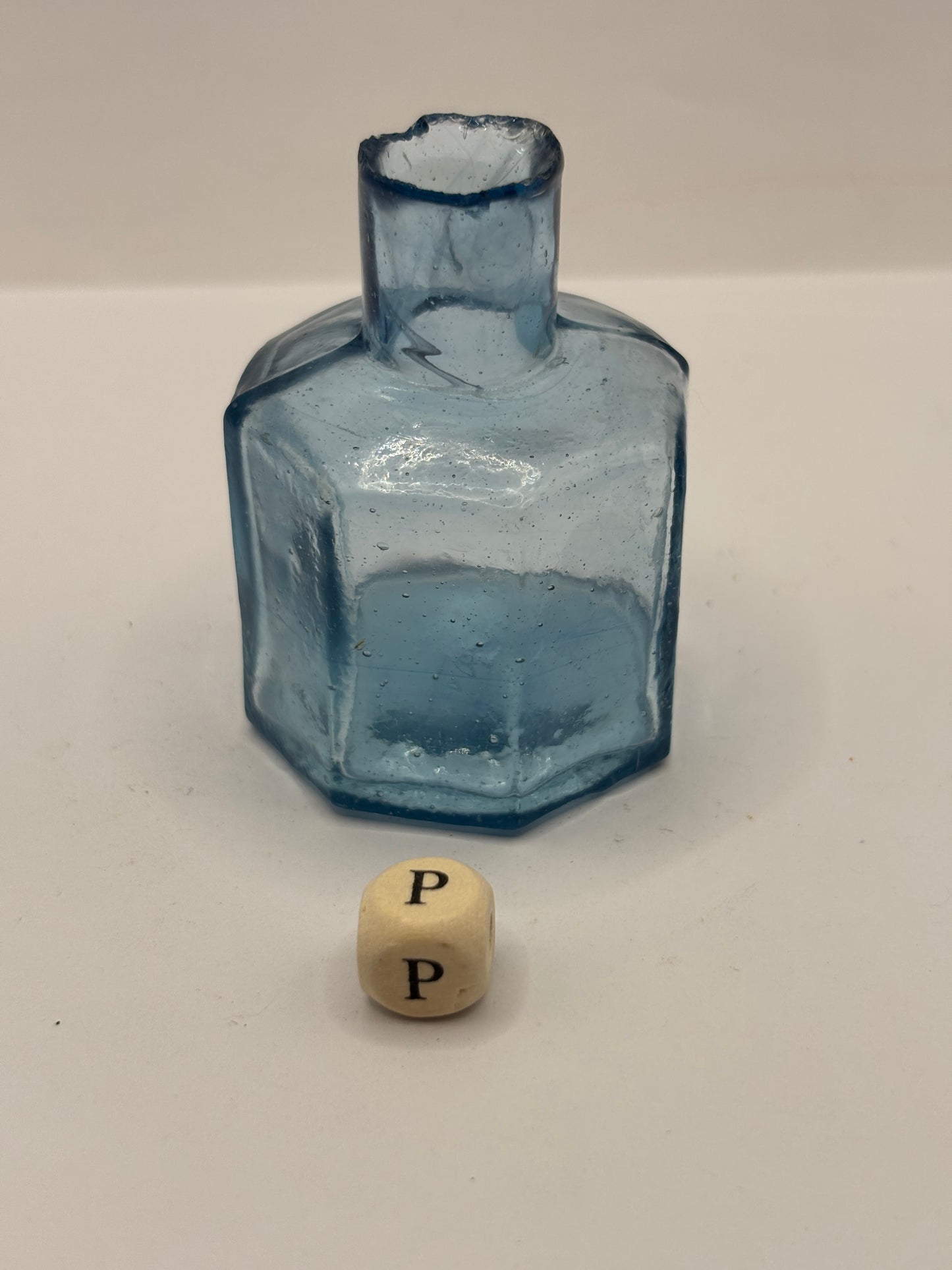 Old blue glass ink bottle, inkwell, penny ink (wp) swirls in lip