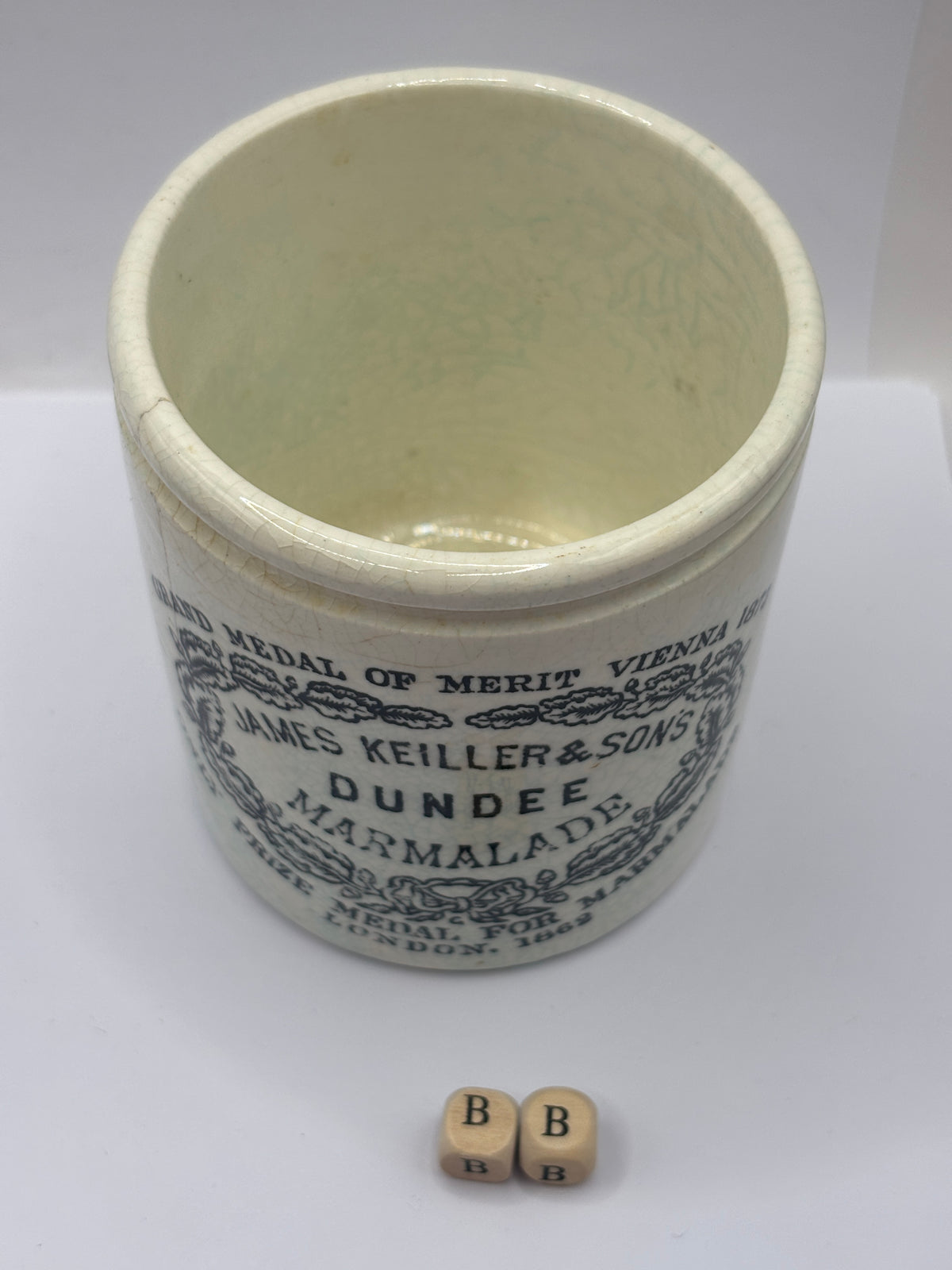 Old 1lb stoneware marmalade pot, James Keiller Dundee marmalade (BB)