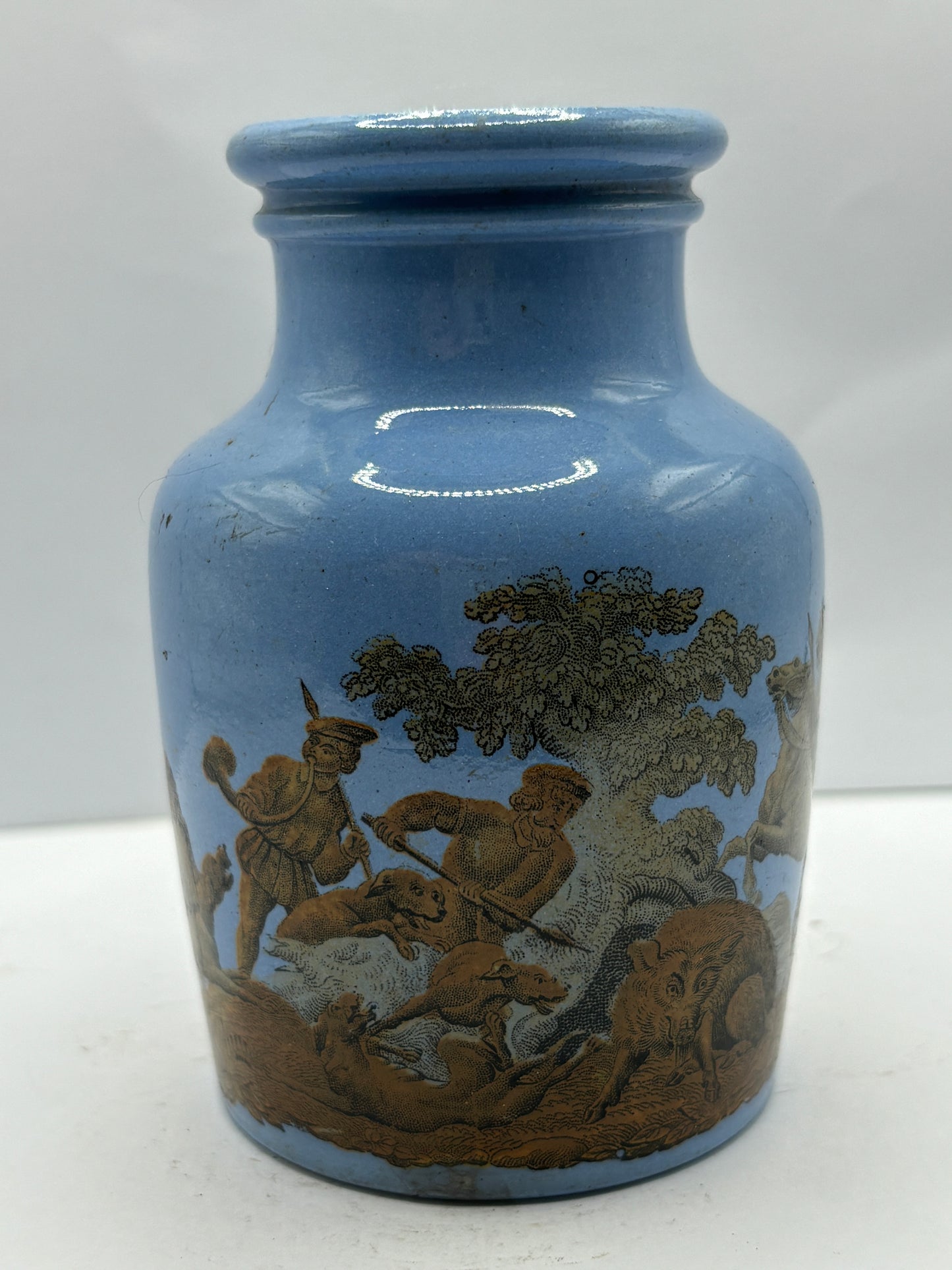 Blue Prattware jar, hunting horses