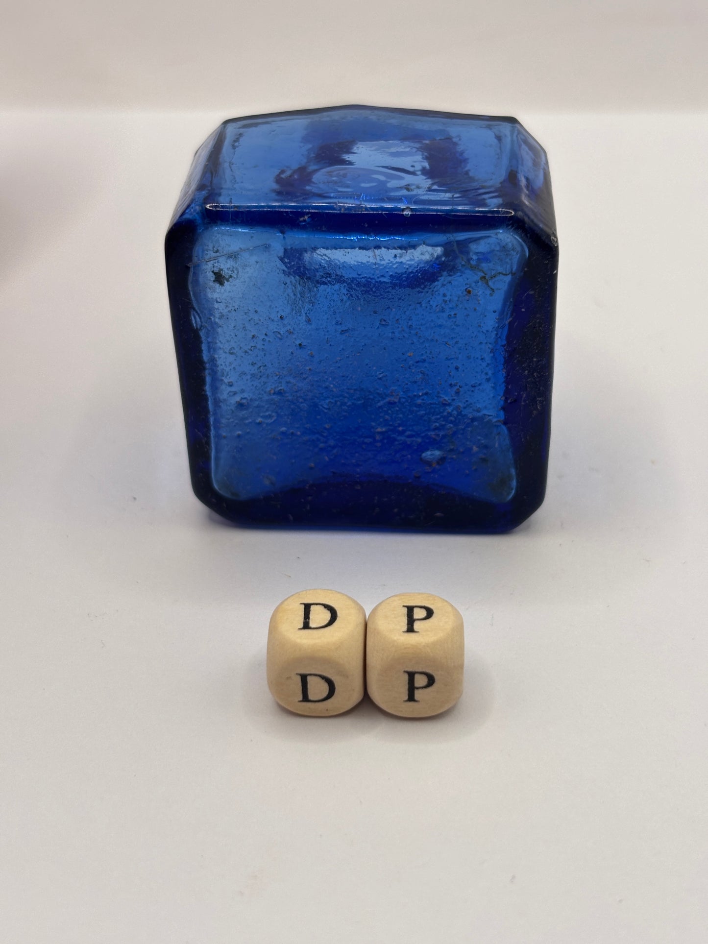 Old blue glass ink bottle, inkwell, penny ink (DP) DAMAGED