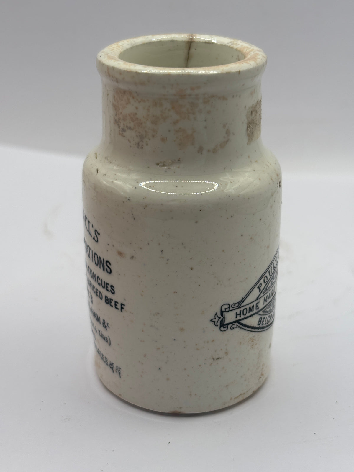 Old advertising potted meat jar, Poulton & noel home made potted meats