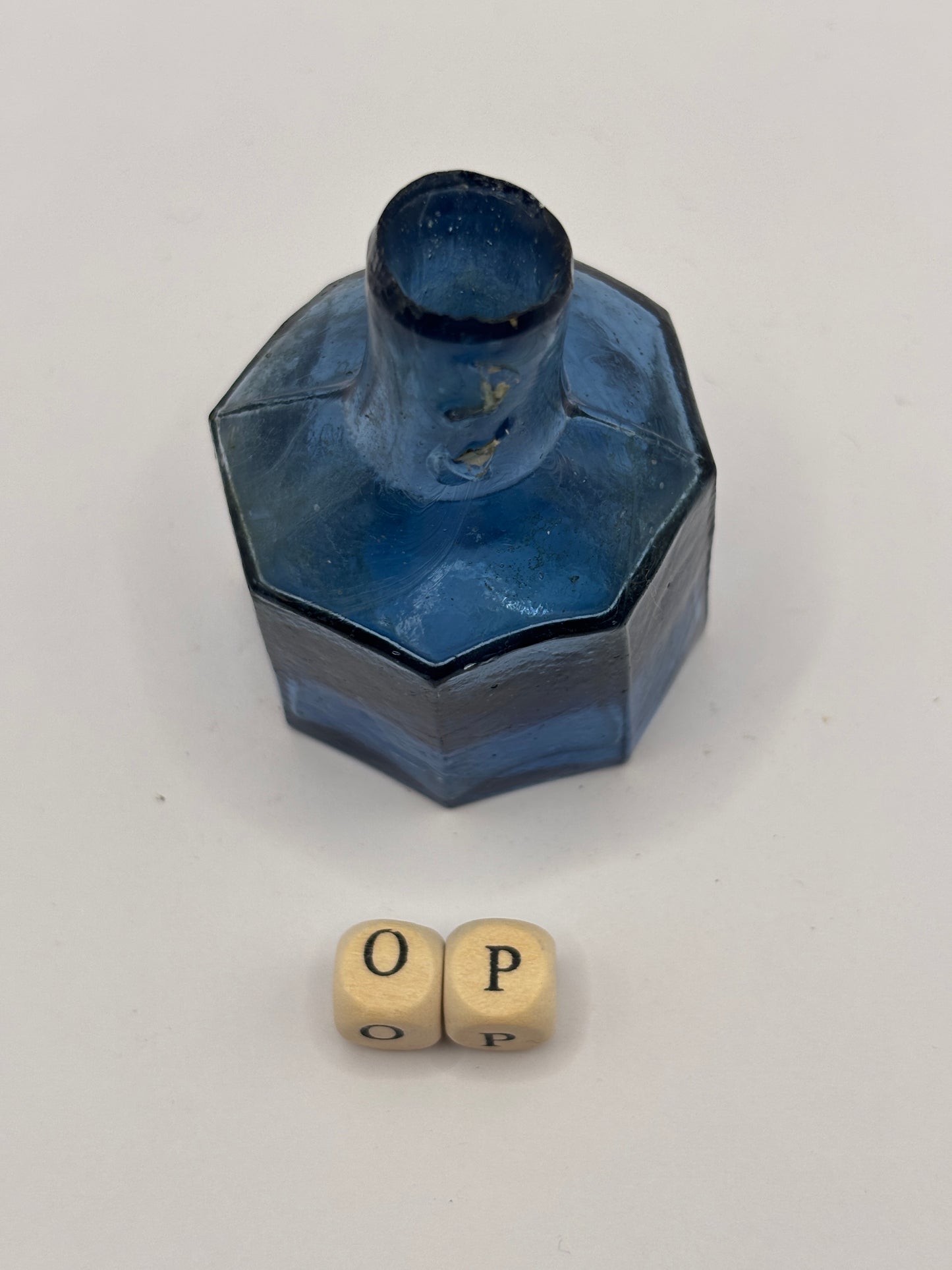 Old blue glass ink bottle, inkwell, penny ink (OP) slight swirls