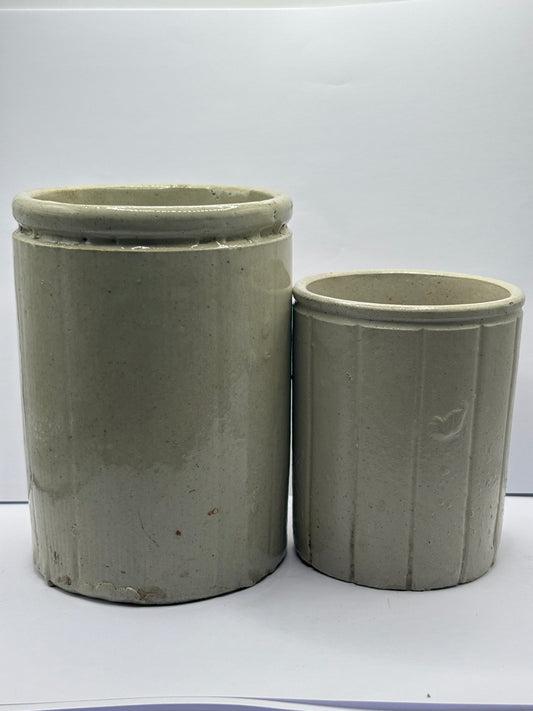 2 old ribbed stoneware jam & marmalade pots