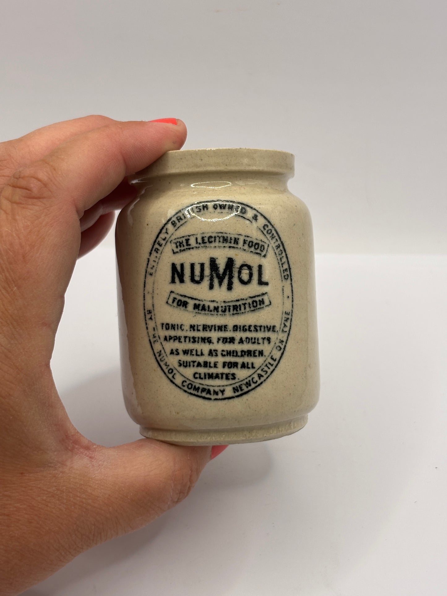 Old mini stoneware advertising Numol jar. The lecithin food for malnutrition 8cms