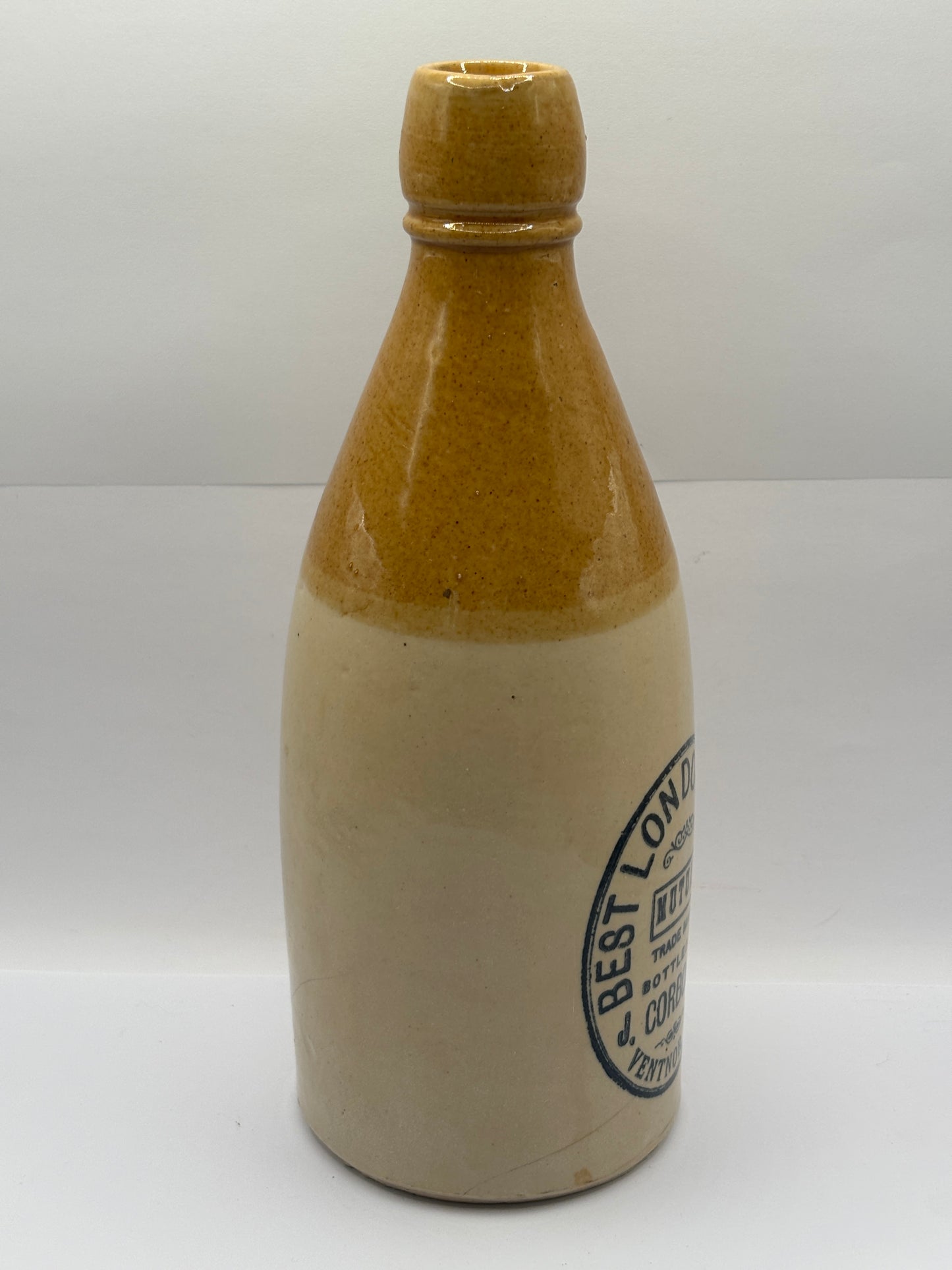 Old stoneware ginger beer bottle, Best London stout, Ventnor Isle of wight