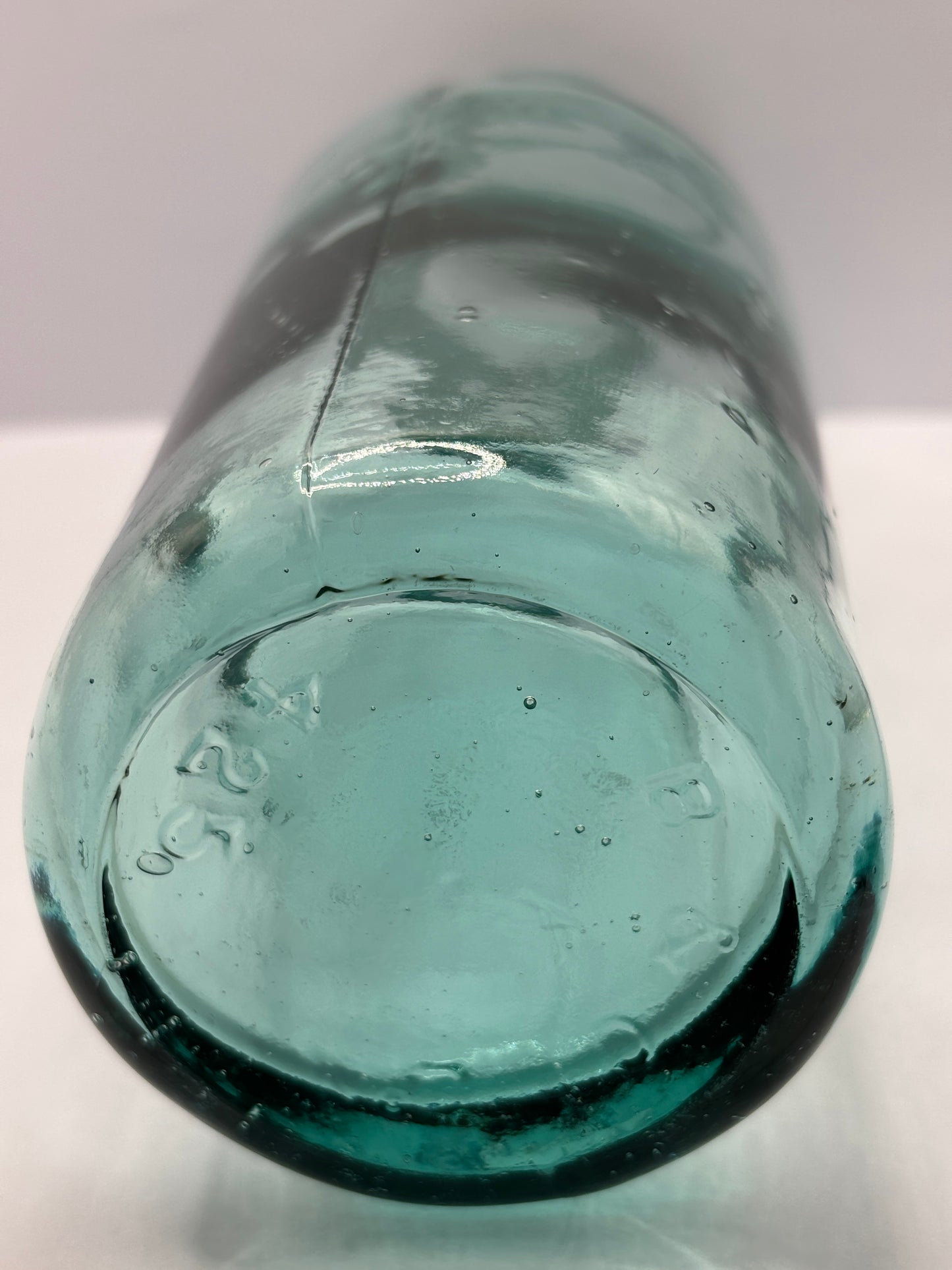 Old aqua glass jam & pickle jar, vase