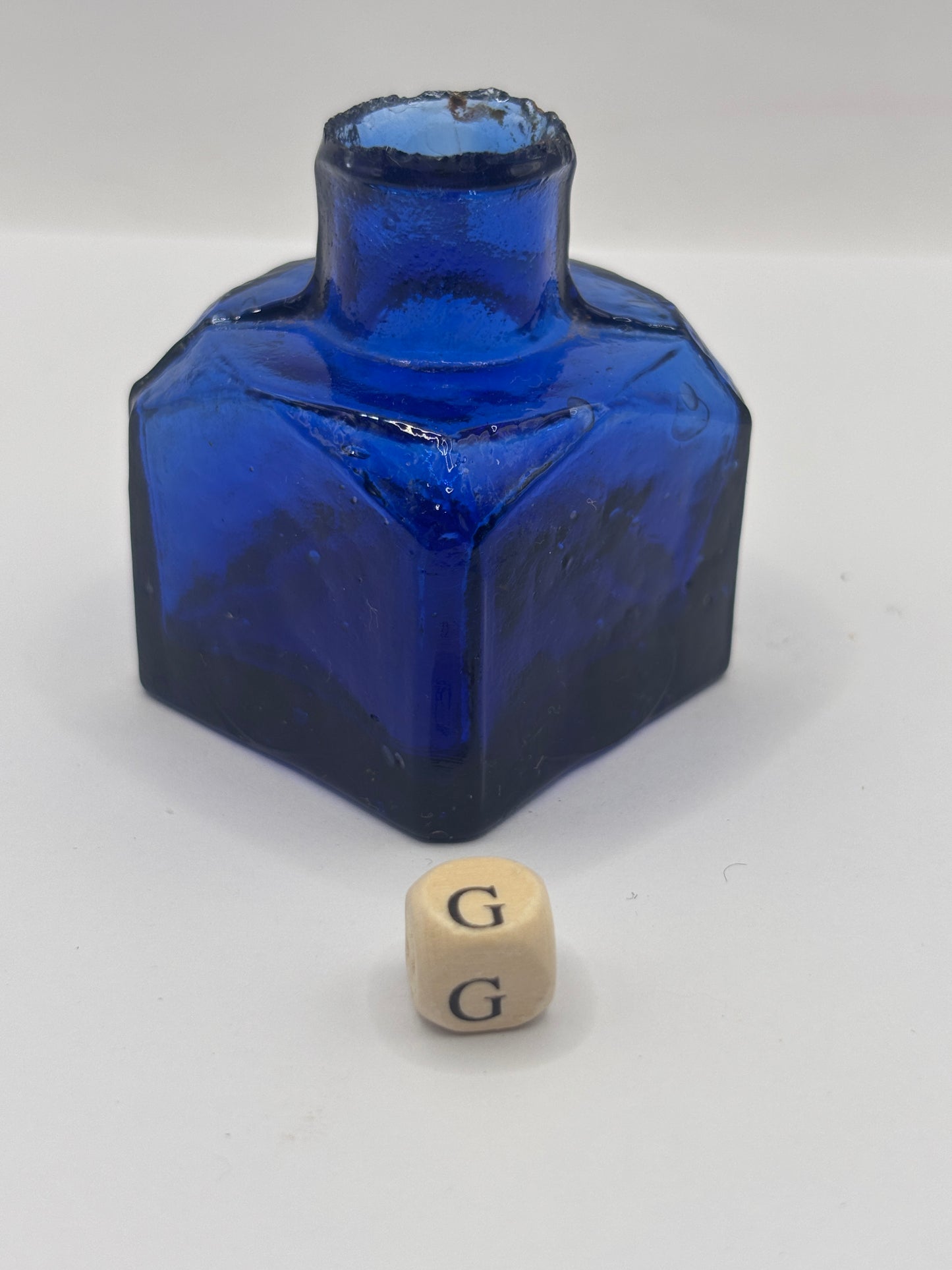 Old blue glass ink bottle, inkwell, penny ink (G)