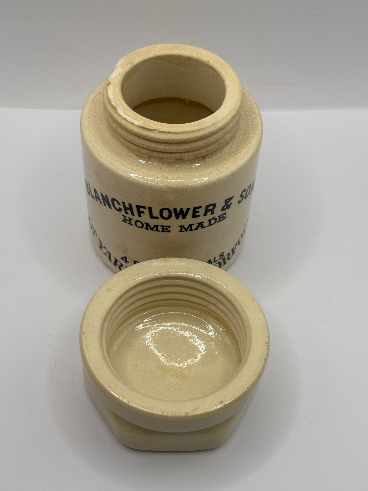Old stoneware advertising jar, Blanchflower home made potted meat jar