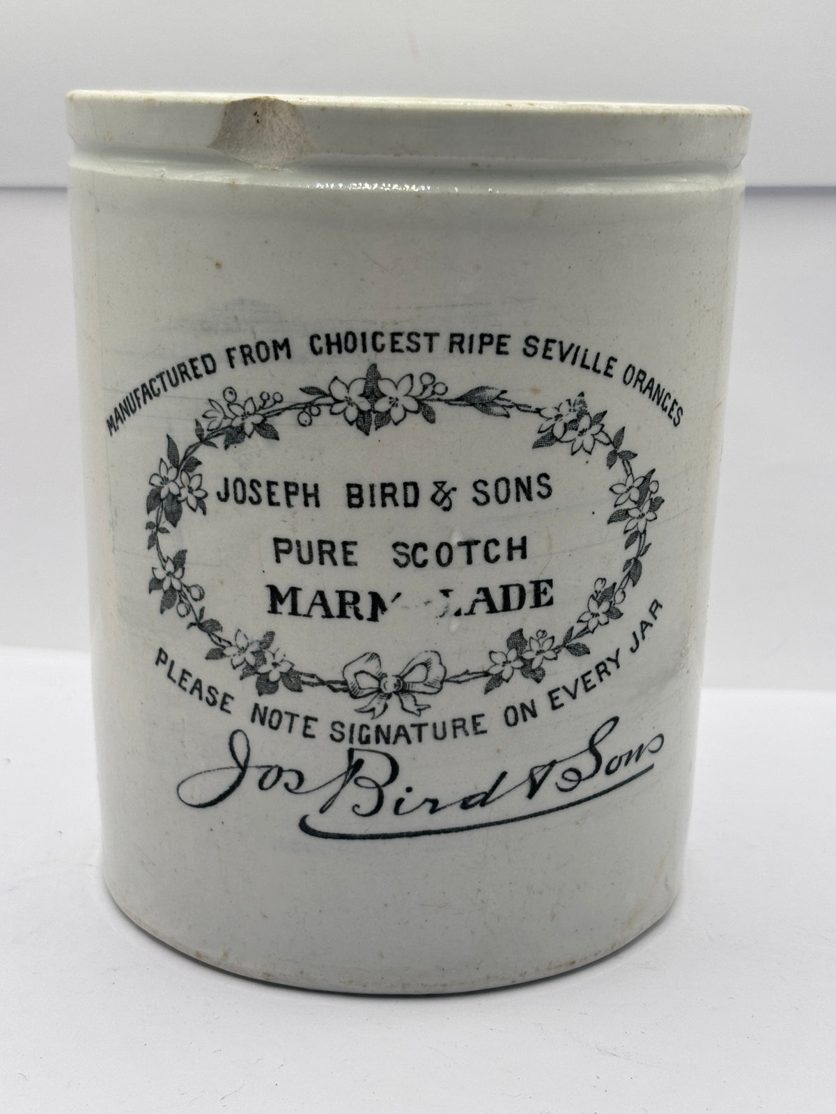 Old large rare 3lb stoneware marmalade pot, Joseph Bird & Sons pure scotch marmalade