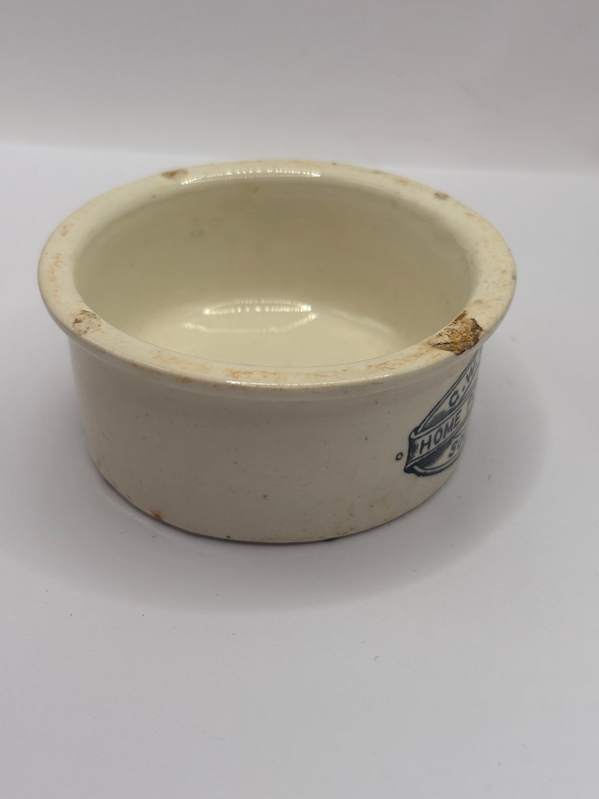 Old small advertising meat paste pot, Plumtree home potted meats