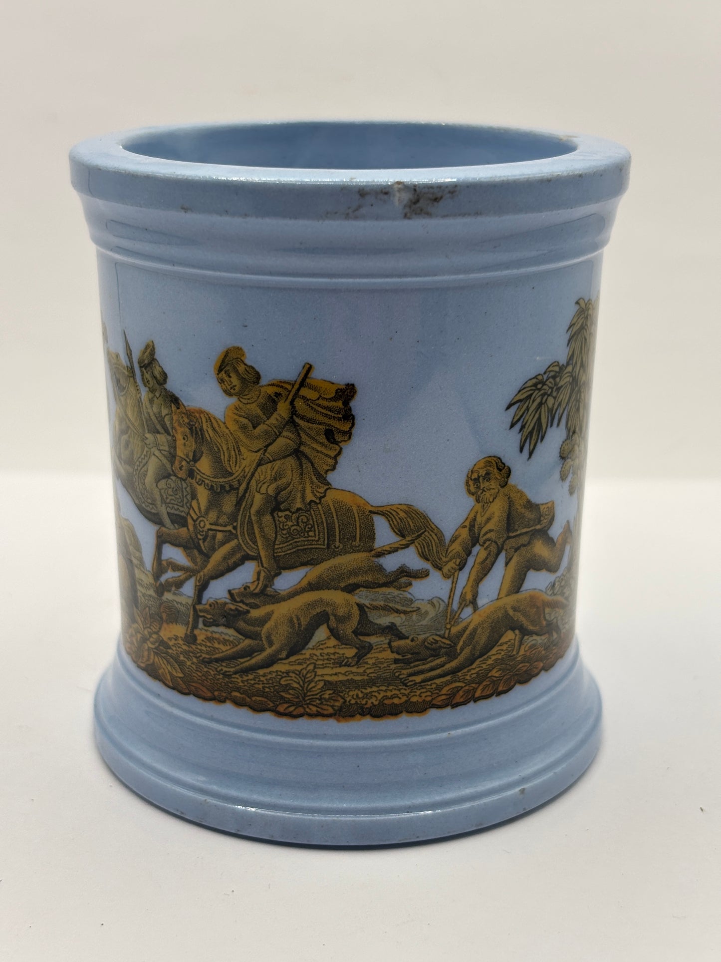 Old blue pictorial Prattware stoneware jar. Diamond reg to bottom