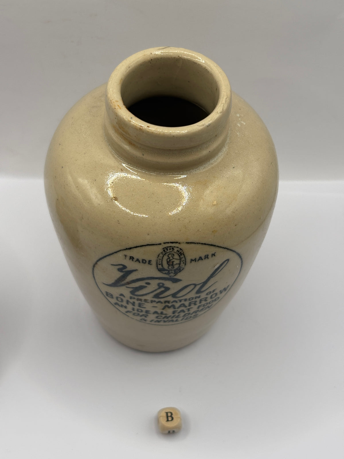 Old advertising stoneware Virol pot, 13.5cms (B)