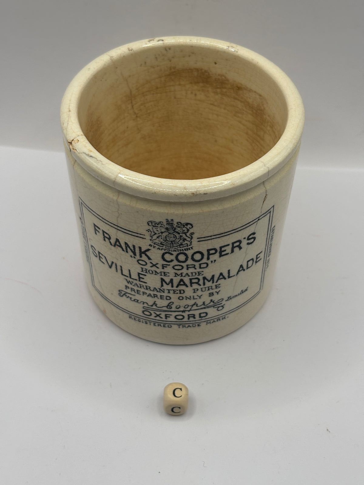 Old 1lb stoneware marmalade pot, Frank Coopers. Damaged (c)
