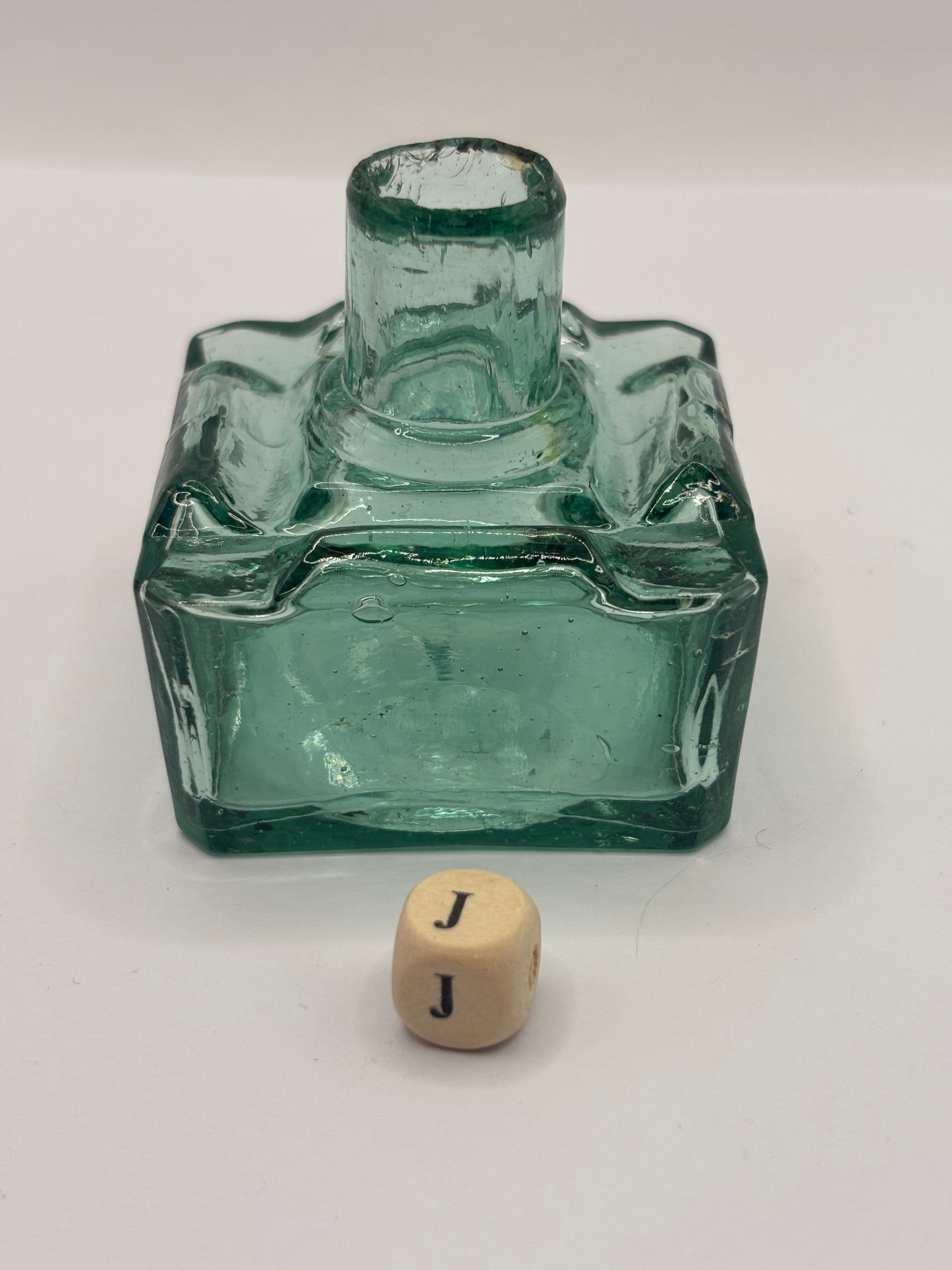 Old aqua glass inkwell, ink bottle (J)