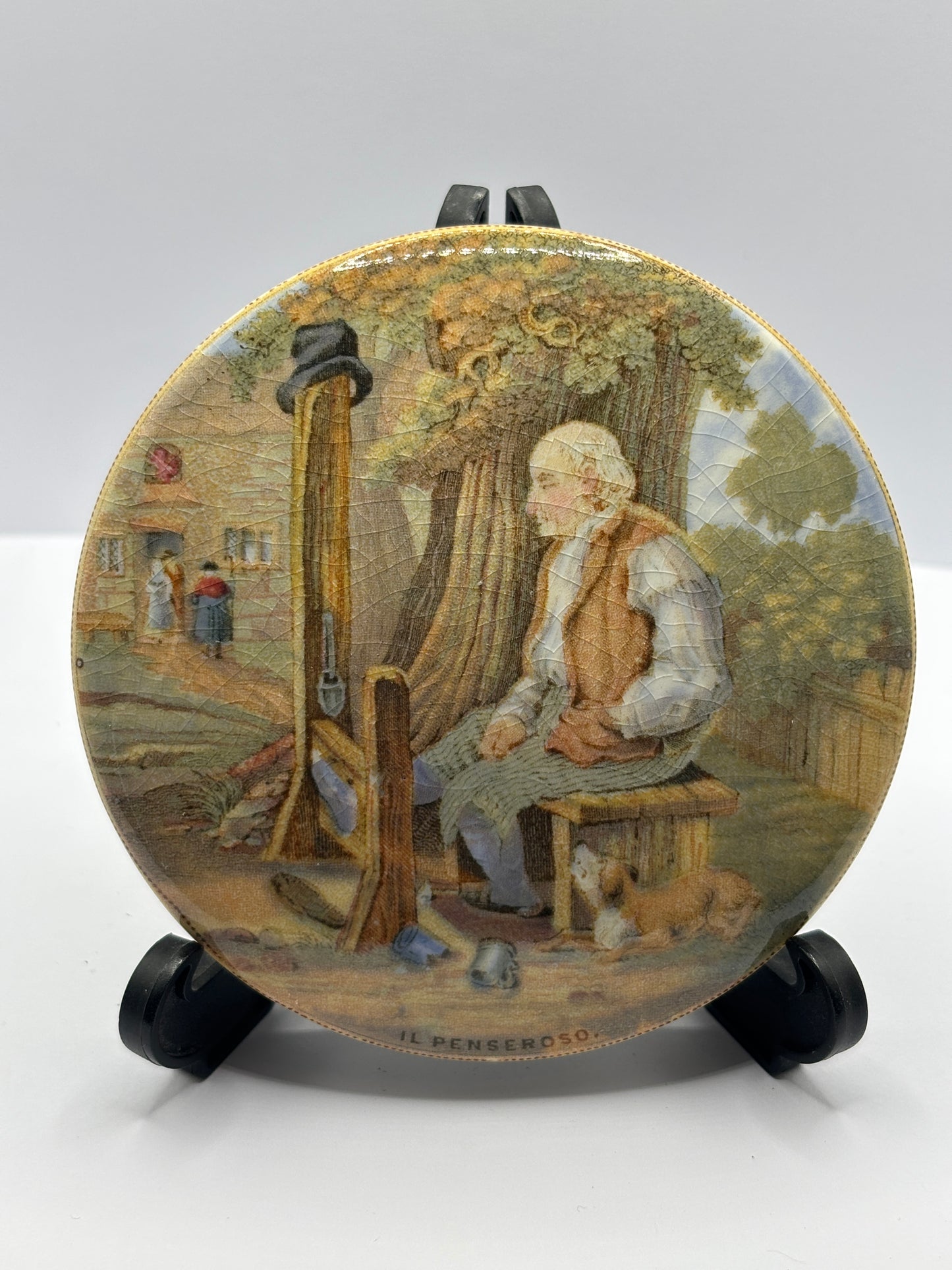 Old Prattware lid, victorian pot lid. Il Penseroso, Pratt lid