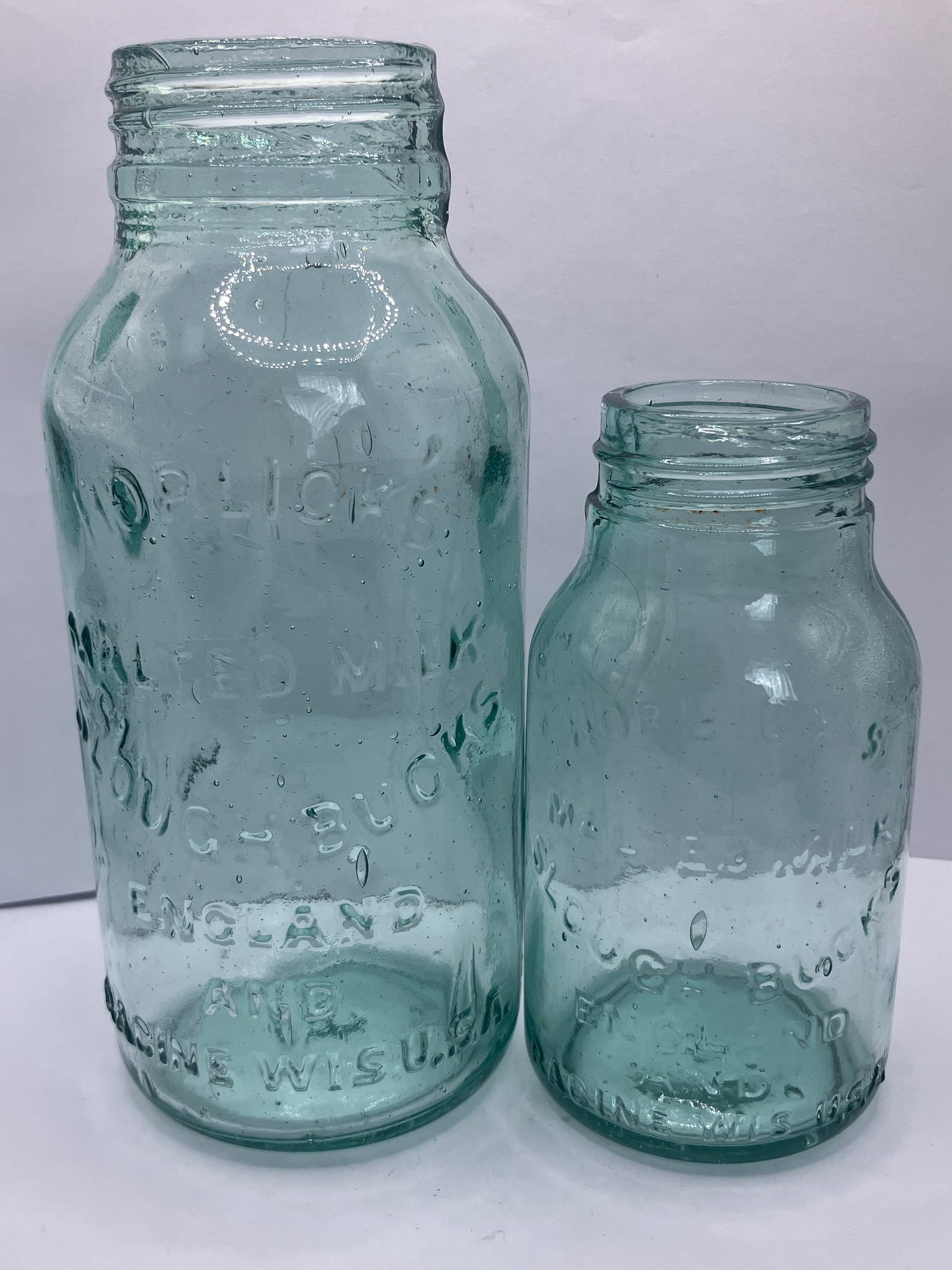 2 aqua glass advertising Horlicks  malted milk jars