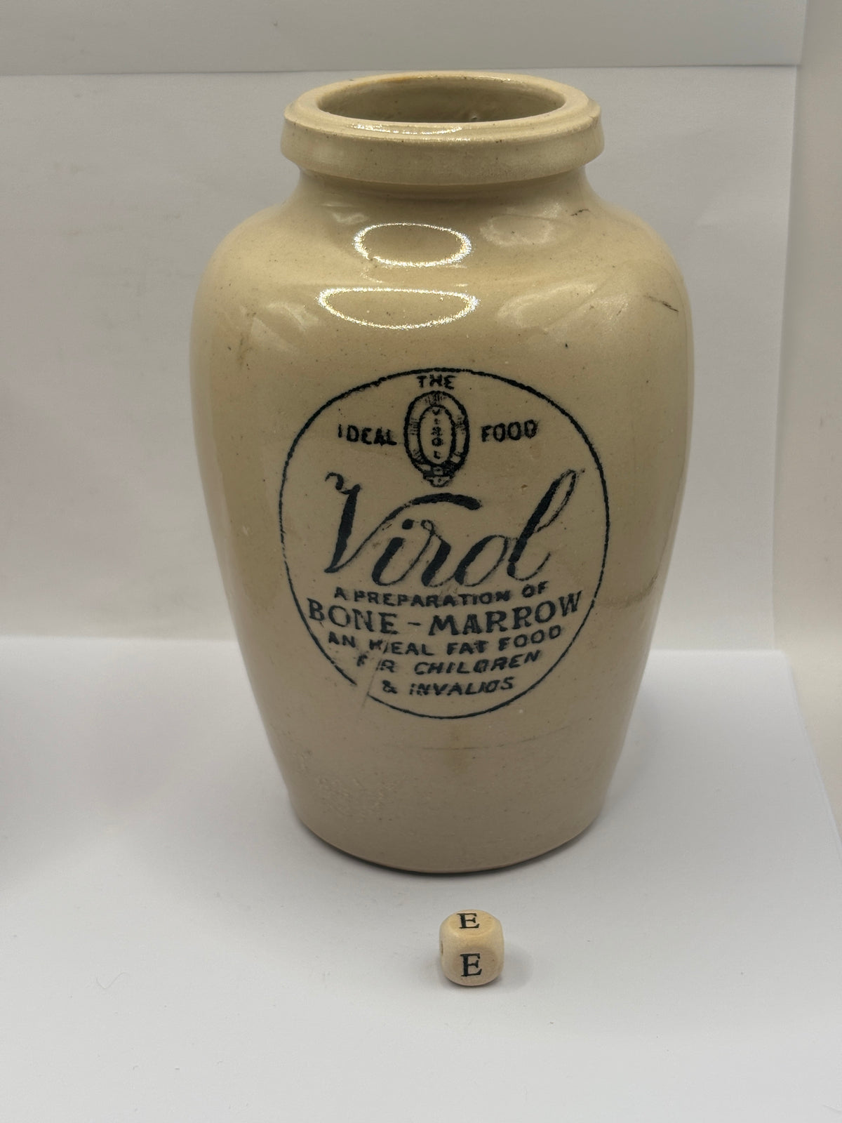 Old advertising stoneware Virol pot, 13.5cms (E)