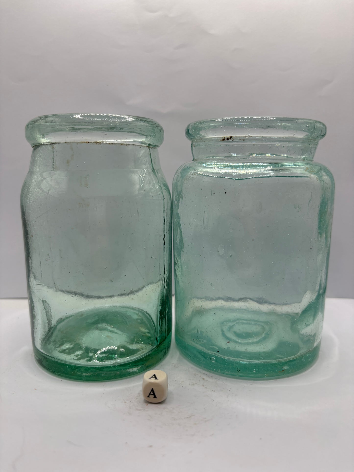 2 Small aqua glass jam & pickle jar (A)