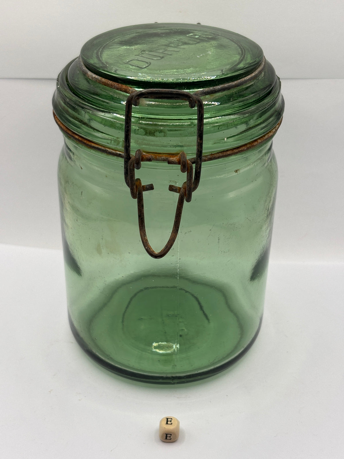 Old French green glass canning jar, Durford (E)