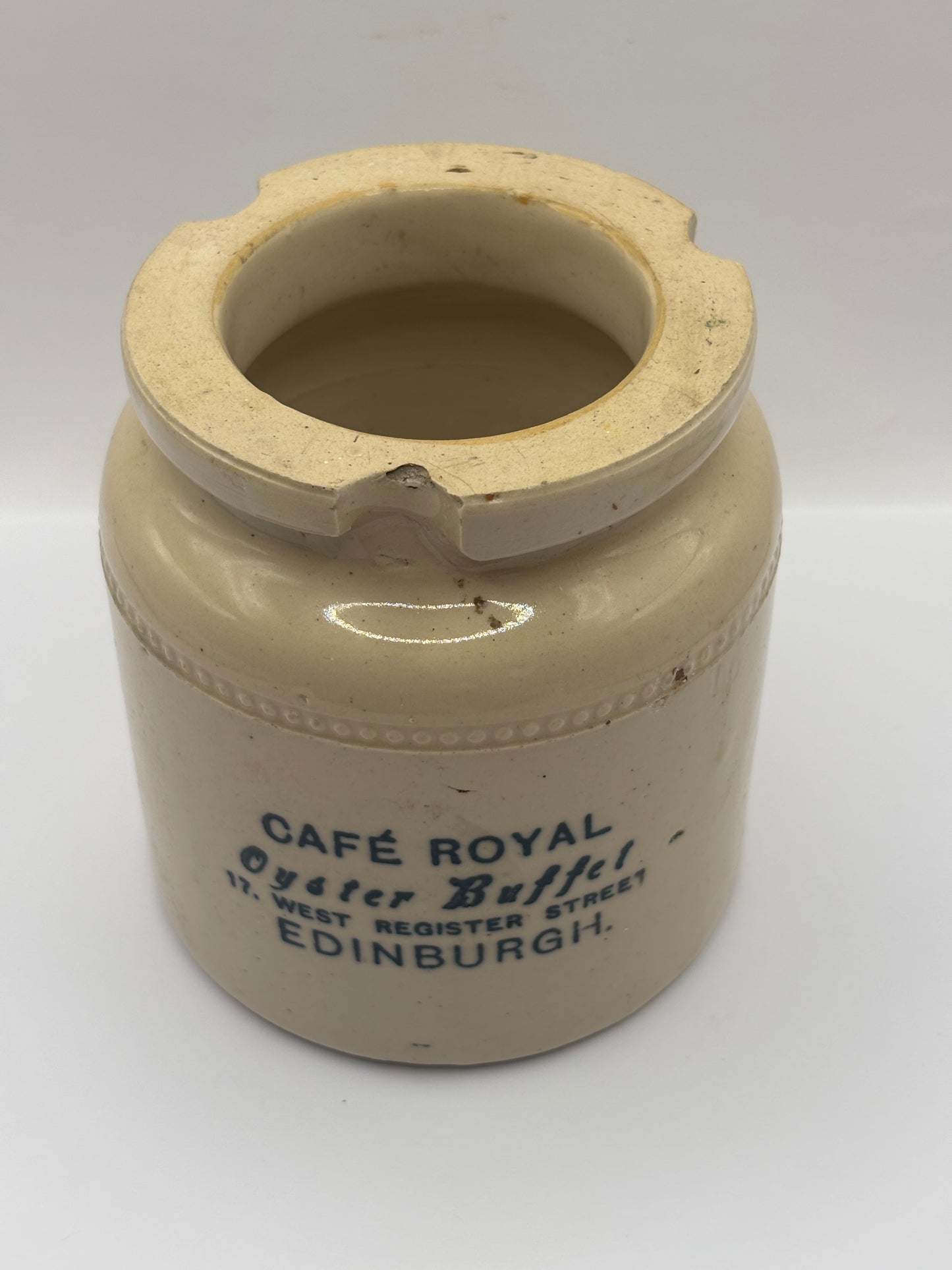 Old large stoneware caviar pot, Cafe Royal Oyster Buffet, Edinburgh