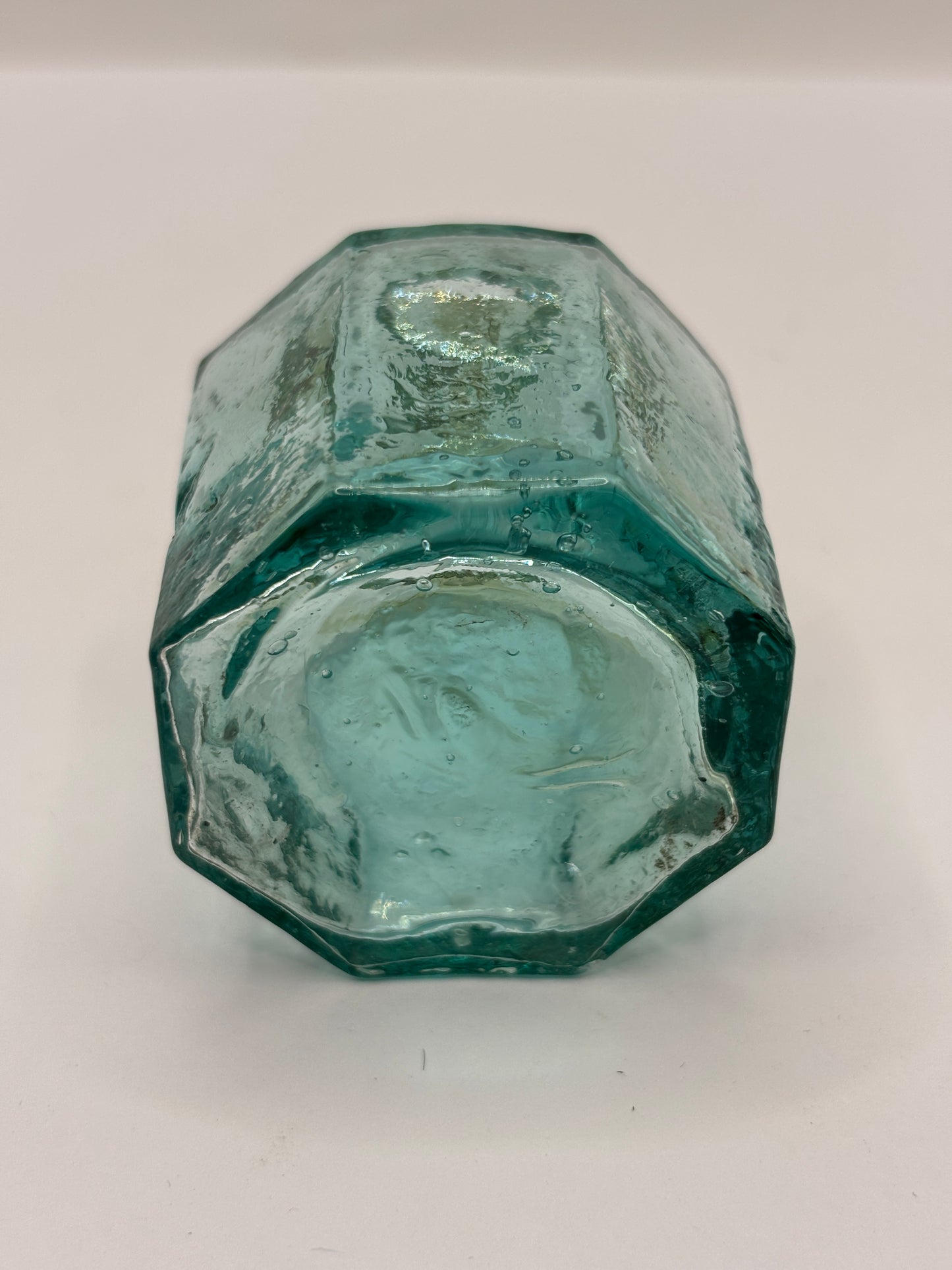 Old aqua glass inkwell with swirls, penny ink, ink bottle