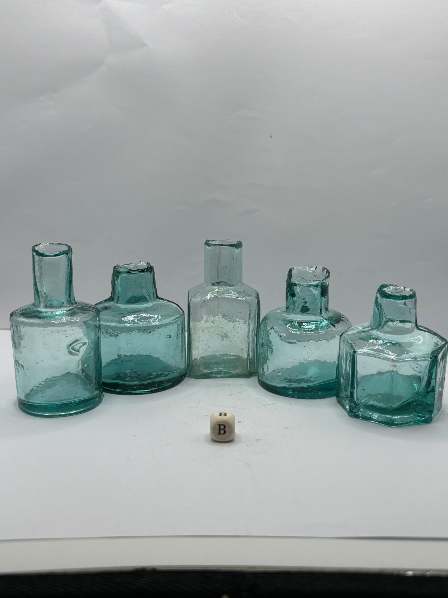 5 aqua glass inkwells (B)