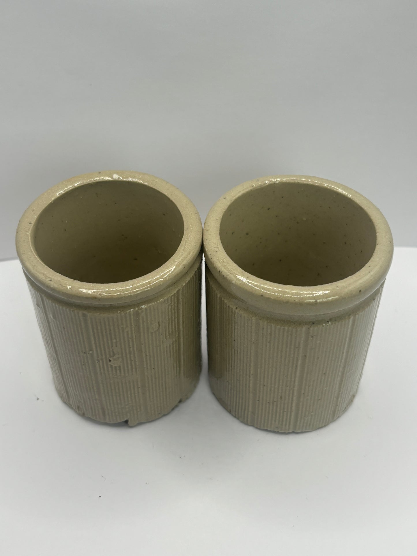 2 small old ribbed stoneware jam pots