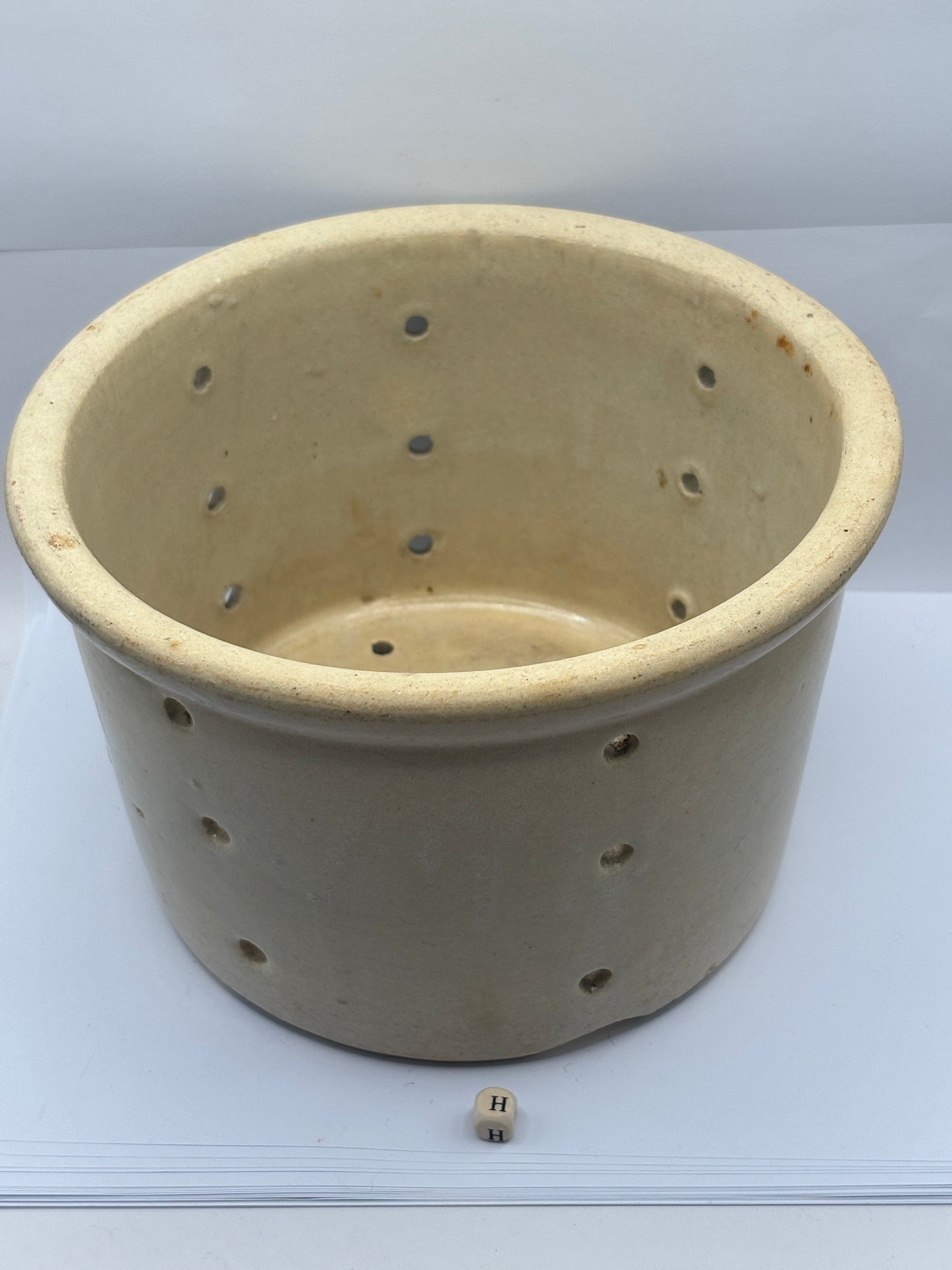 Old extra large french stoneware cheese strainer, cheese mold (H)