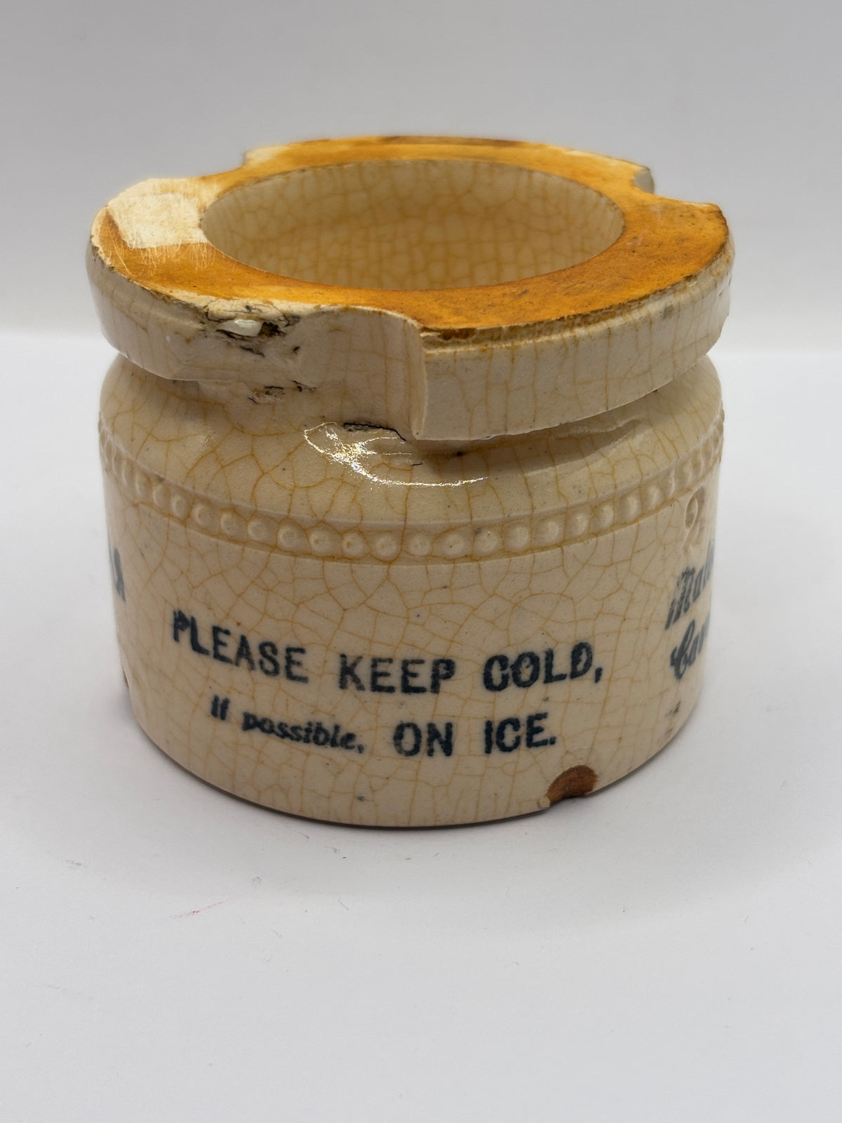 Old stoneware advertising jar, Malossol Caviare