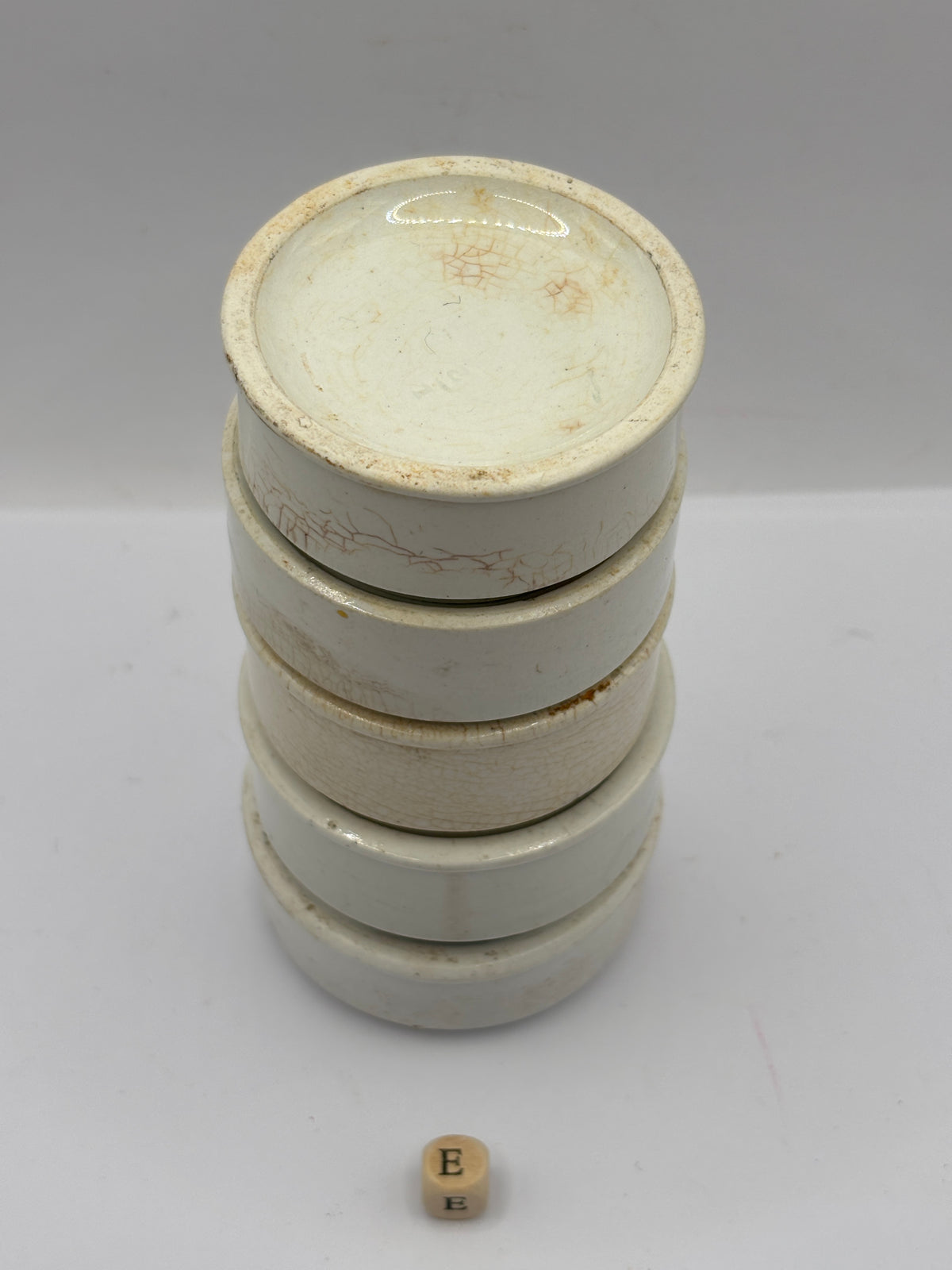 5 old stoneware pot lid bases, stackers (e)