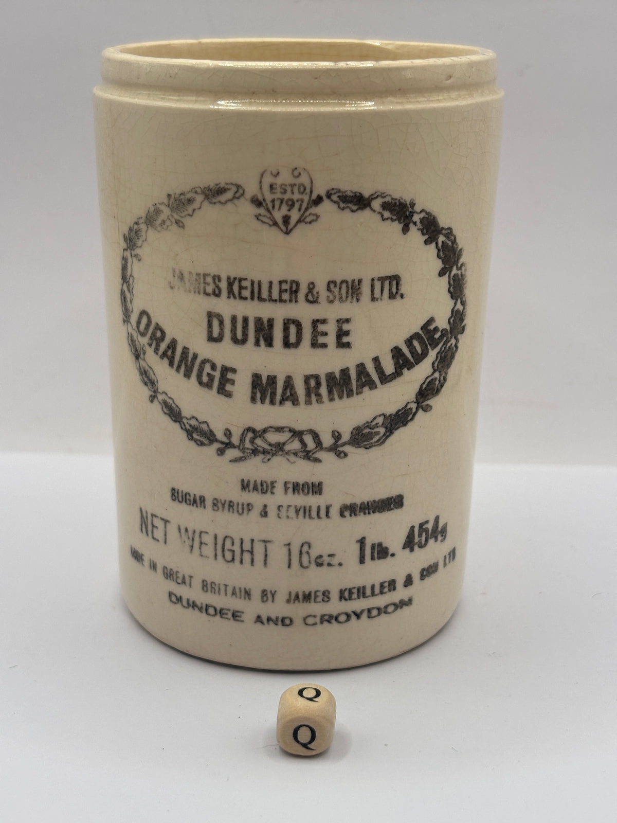 Old 1lb stoneware marmalade pot, James Keiller Dundee marmalade (Q)