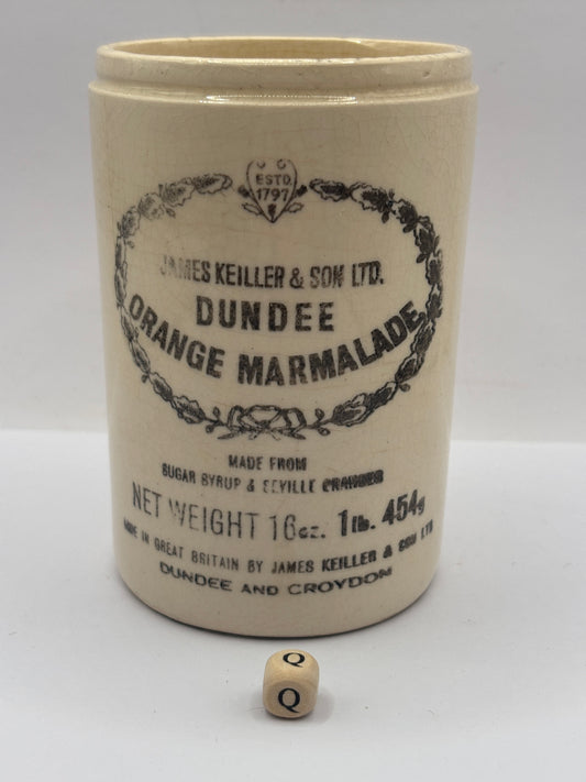 Old 1lb stoneware marmalade pot, James Keiller Dundee marmalade (Q)