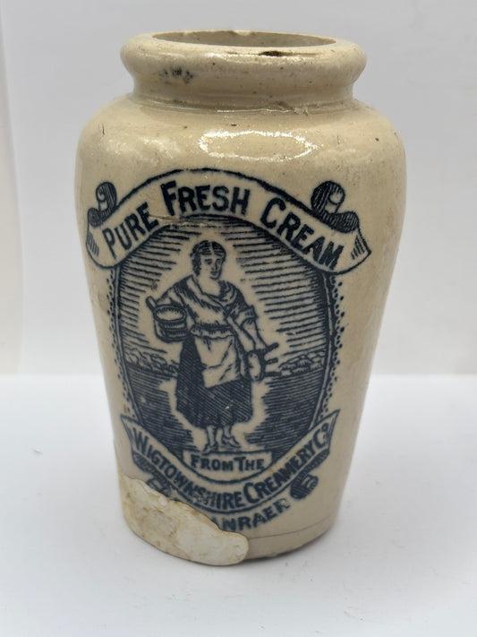 Old advertising cream pot, rich preserved cream stranraer, milkmaid (badly repaired)
