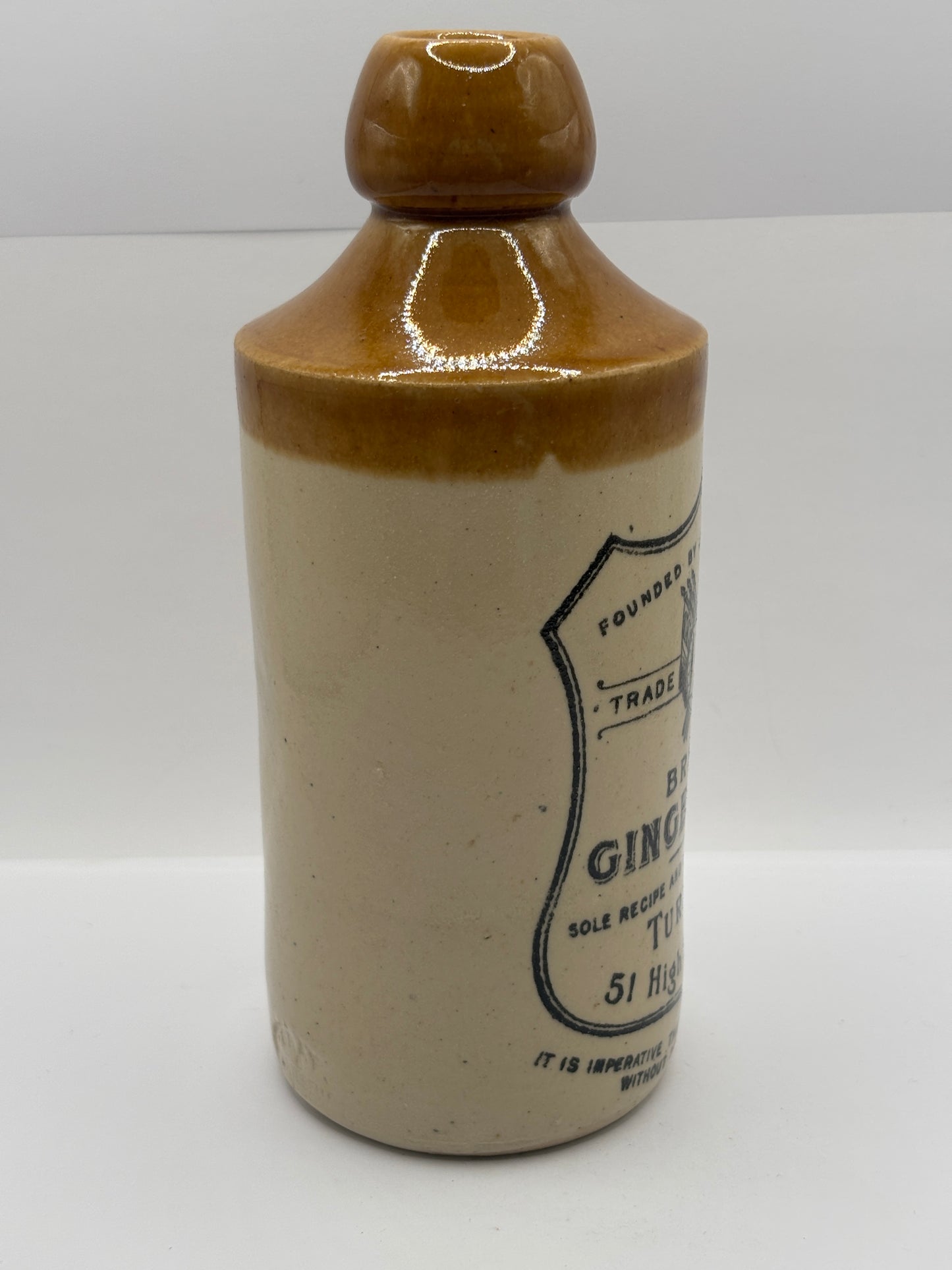 Old stoneware ginger beer bottle, Brewed ginger beer. Turnbull. Harwick