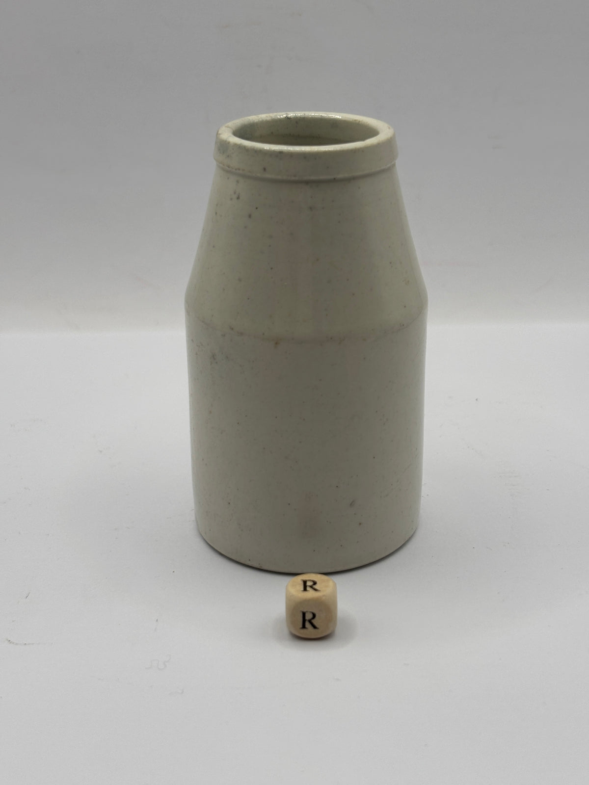 Old plain white stoneware creamer, churn (R)