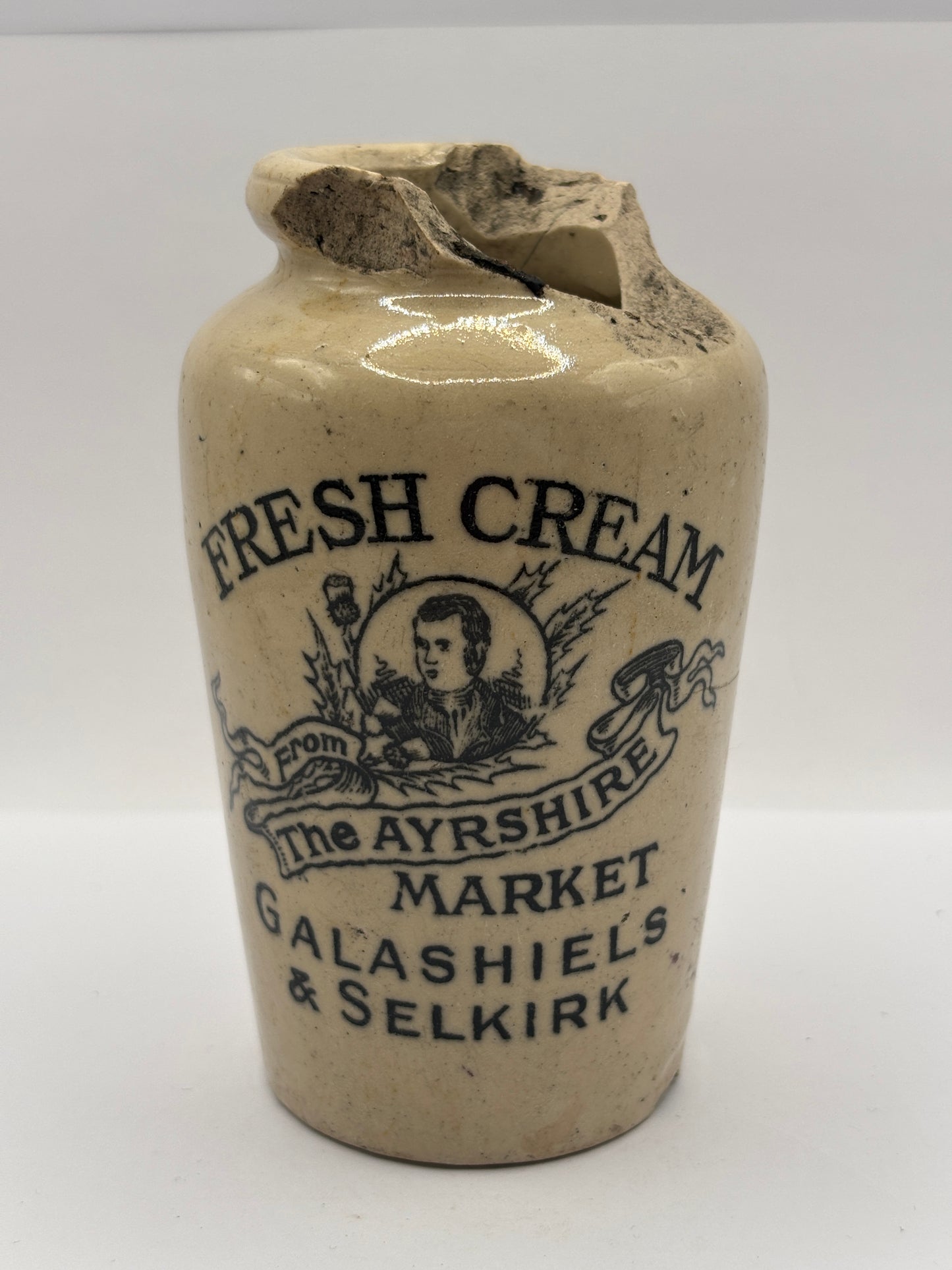 Old rare advertising cream pot, Fresh cream from the Ayrshire market. Damaged. Repair project?