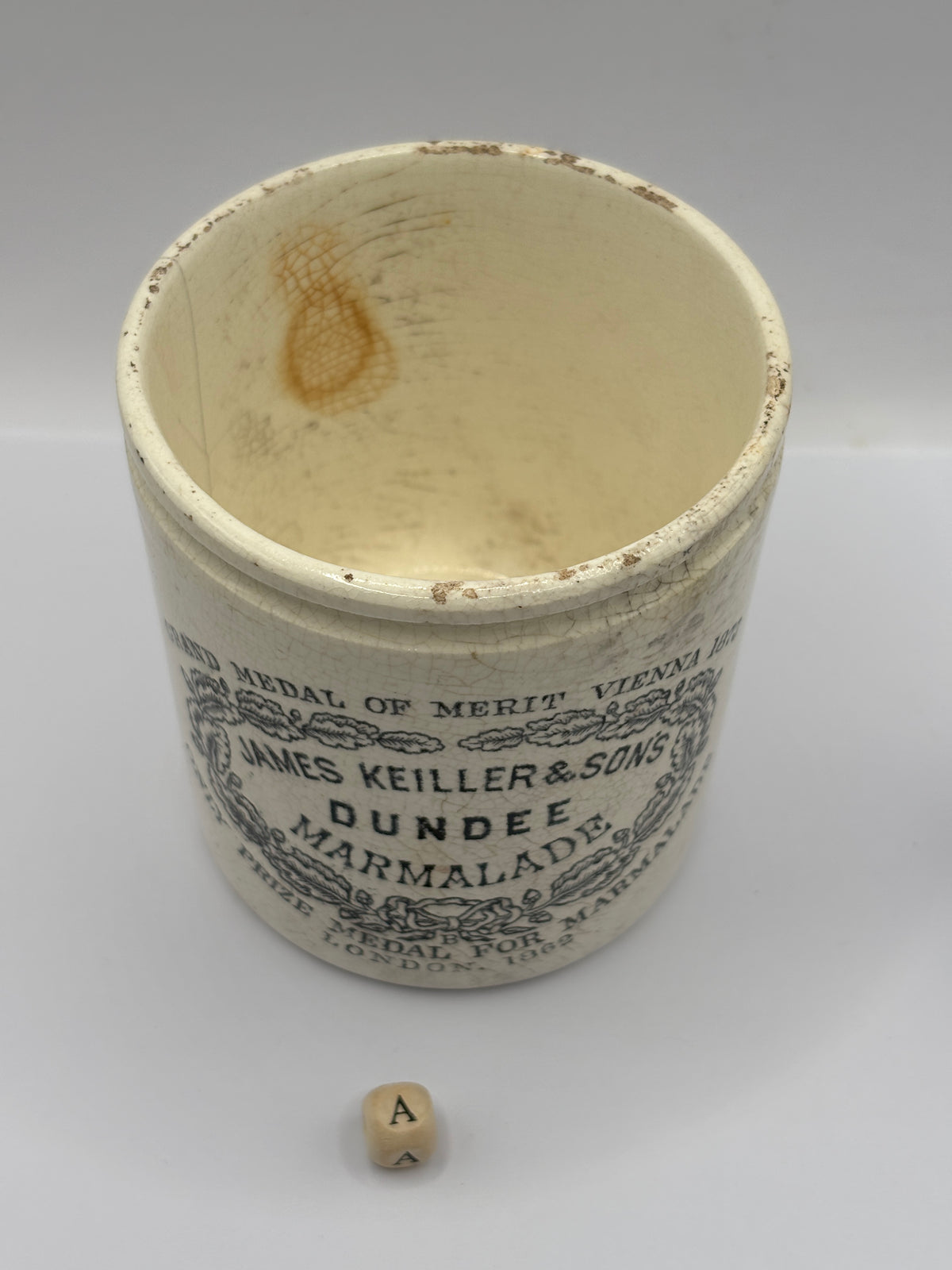 Old 1lb stoneware marmalade pot, James Keiller Dundee marmalade (a)