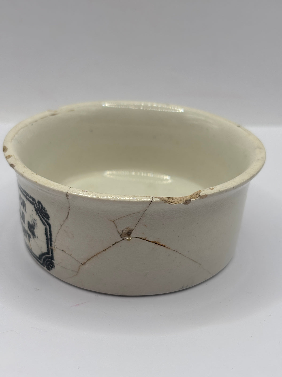 Old advertising meat paste pot, mrs moors. Damaged