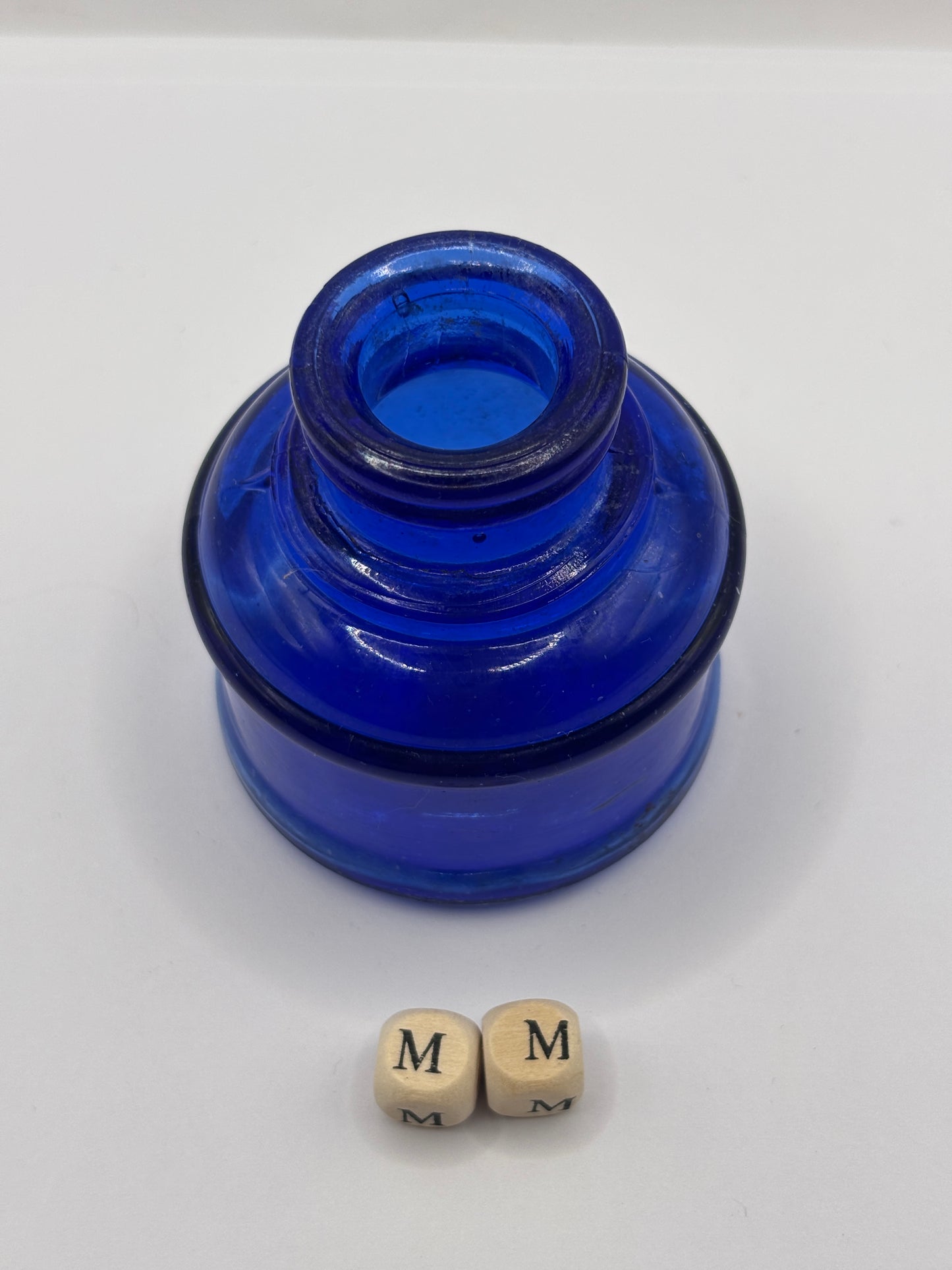 Old cobalt blue glass ink bottle, inkwell (mm)