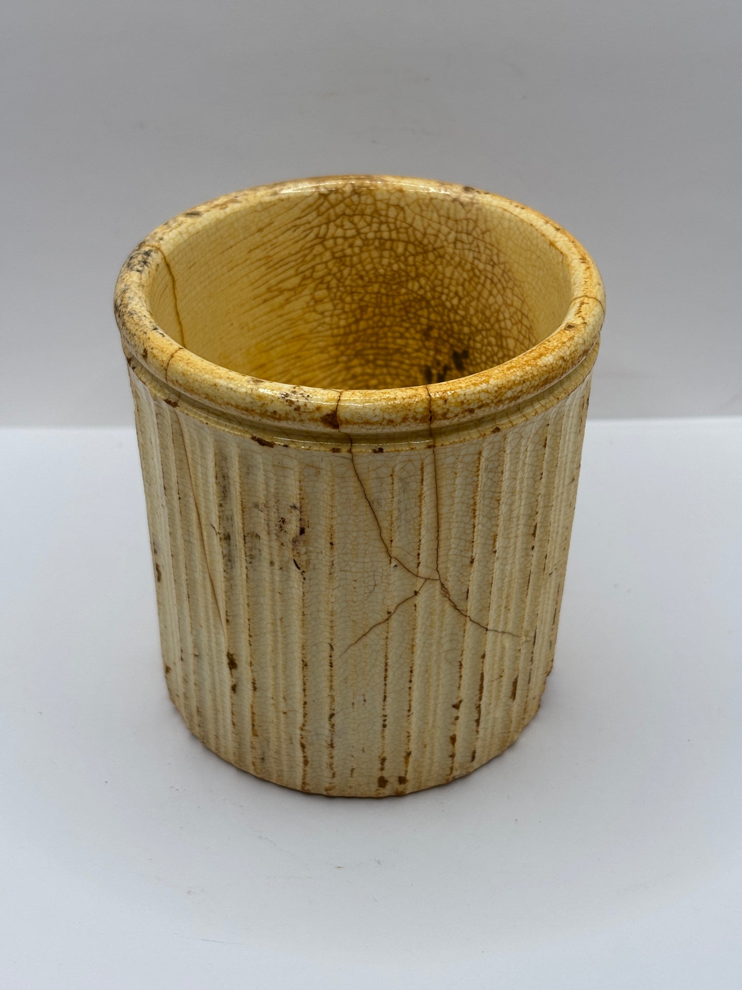 Early ribbed jam/marmalade jar. Damaged