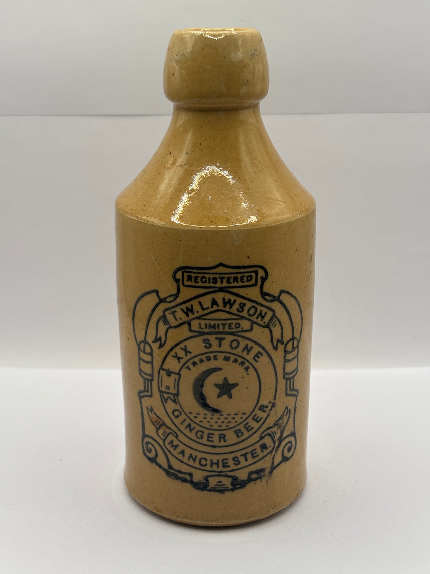 Old stoneware ginger beer bottle, TW Lawson XX Stone ginger beer Manchester