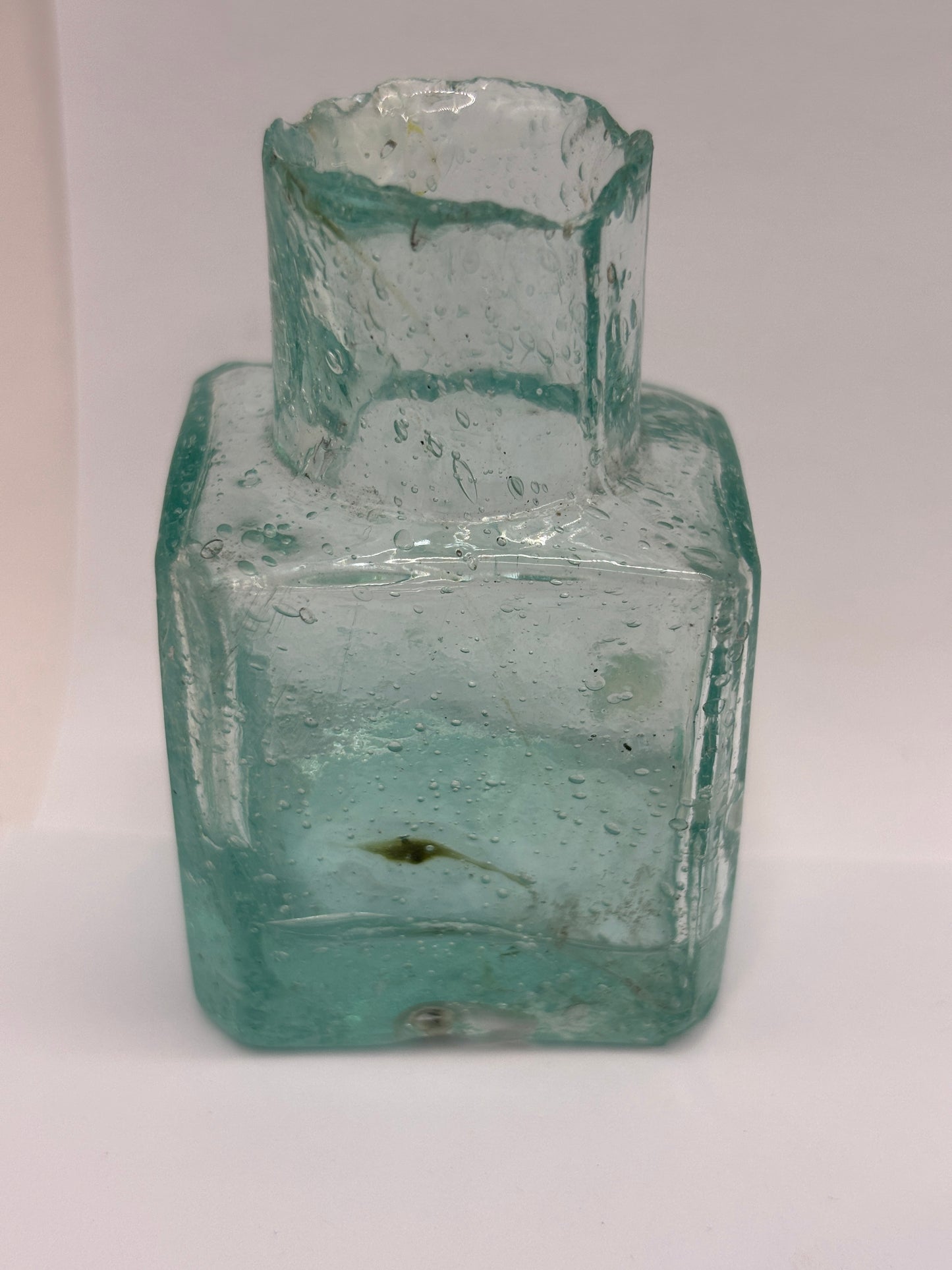 old aqua glass ink,inkwell, ink bottle. bubbly ink